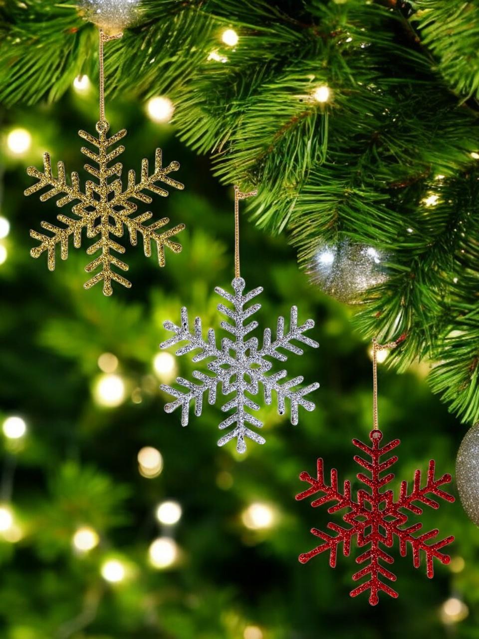 Yılbaşı Ağacı Süsleri Simli Kar Tanesi Şekilli Asılabilir Ağaç Süsü Renkli 3'lü