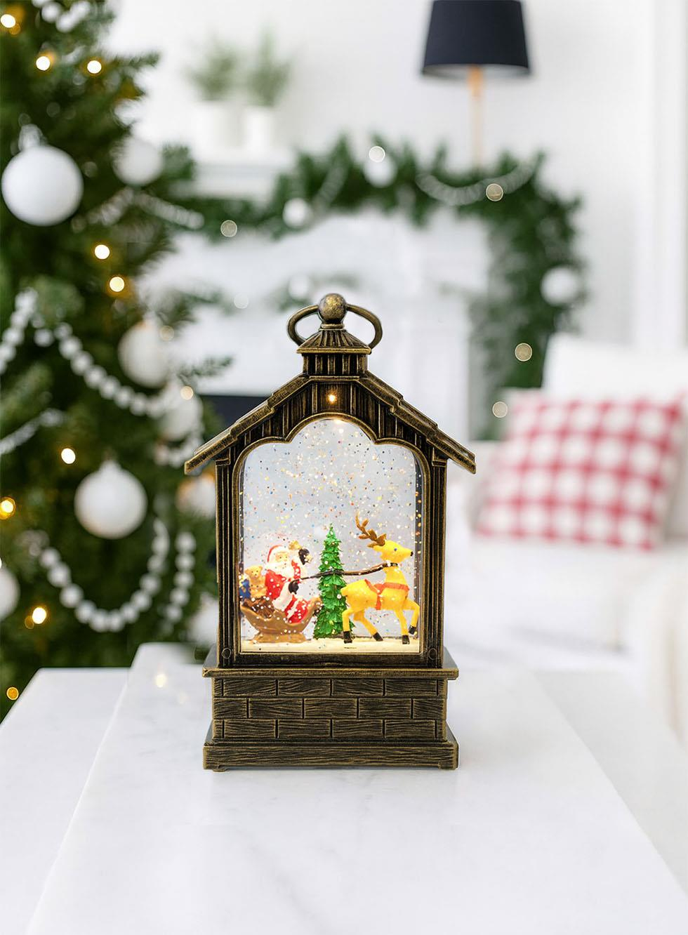 Yılbaşı Noel Baba Hediyelik Kar Küresi Fener Tasarımlı (Işıklı & Müzikli) 20 cm