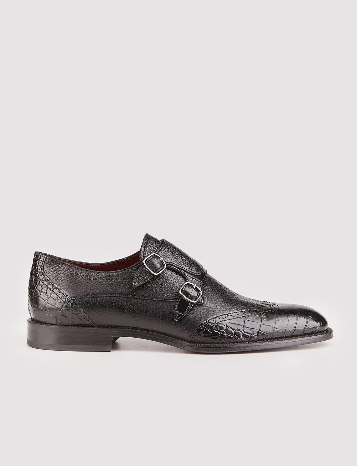 Men Black Genuine Leather Buckle Decor Dress Shoes