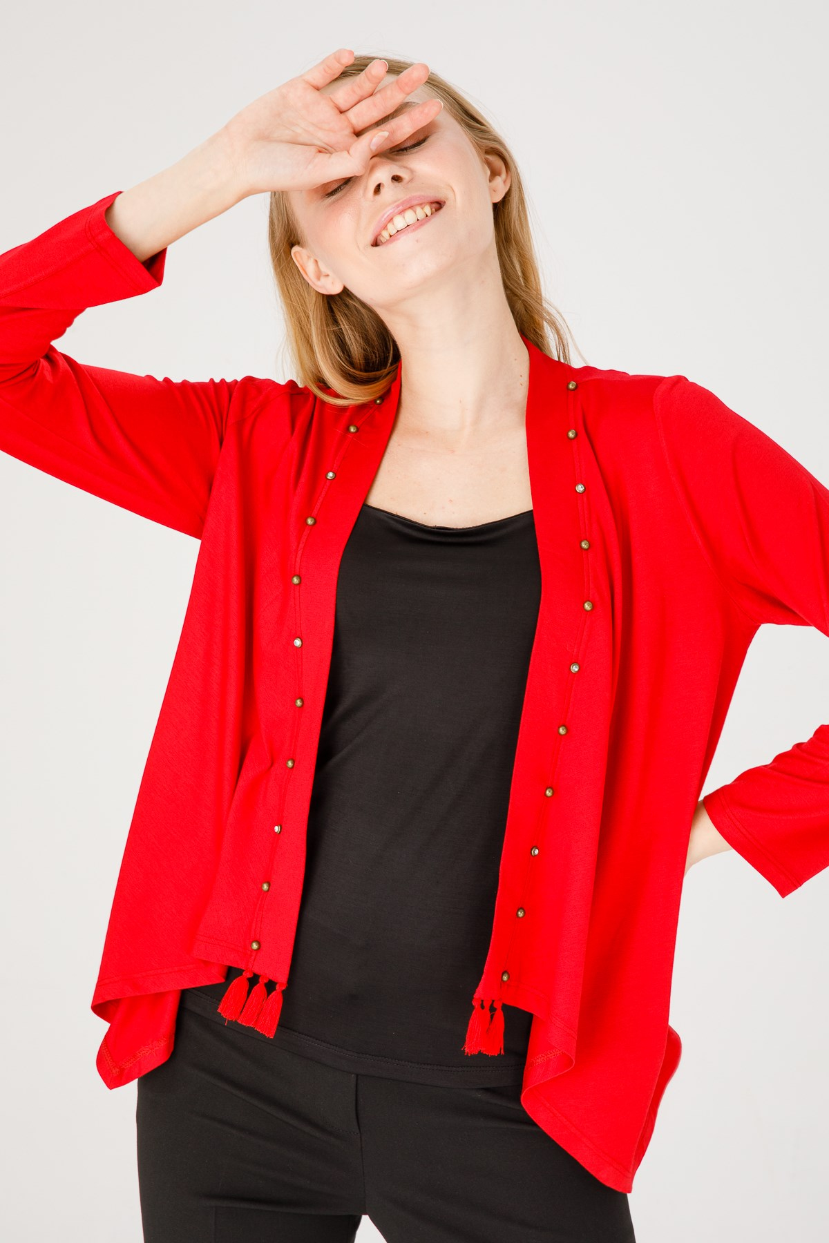 Kadın V Yaka Uzun Kol Püsküllü Penye Kısa Ceket KırmızıDesen Triko - Online  Satış