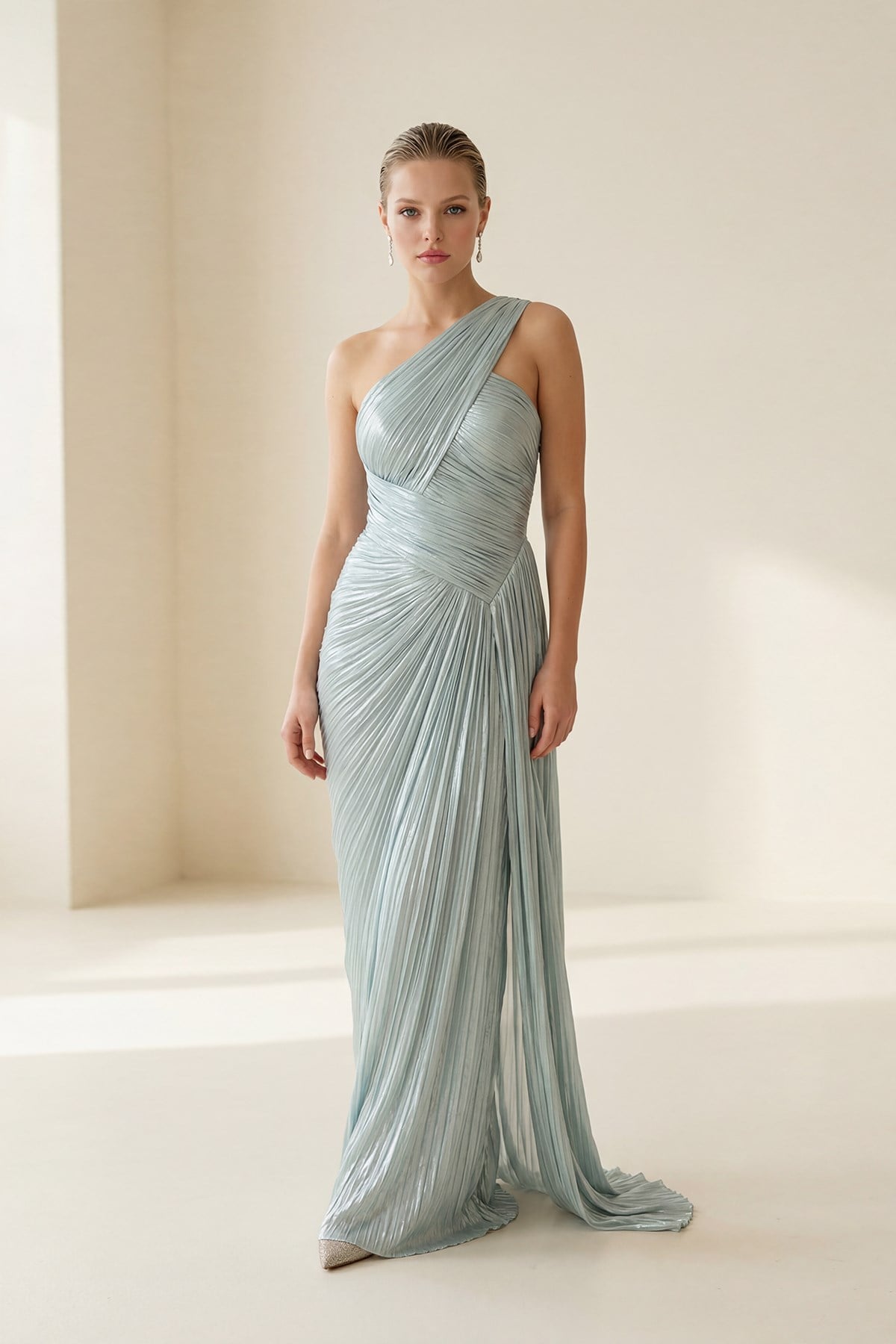 Kadın Mint Asimetrik Omuz, Belden Detaylı Tam Kalıp Uzun Abiye Elbise ST20250S4188601 | Setre