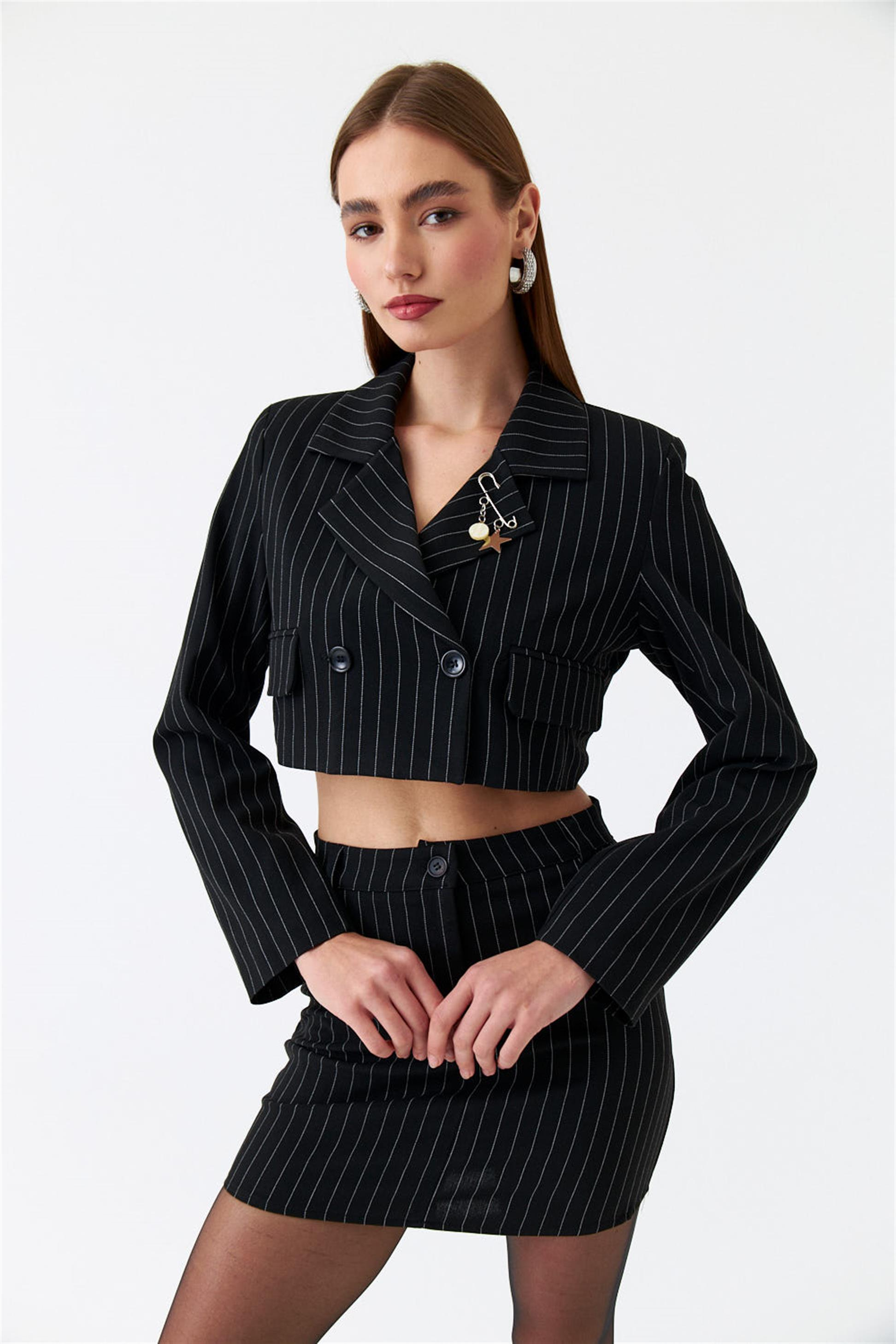 Blazer Striped Jacket Skirt Black Women's Suit | Tuba Boutique