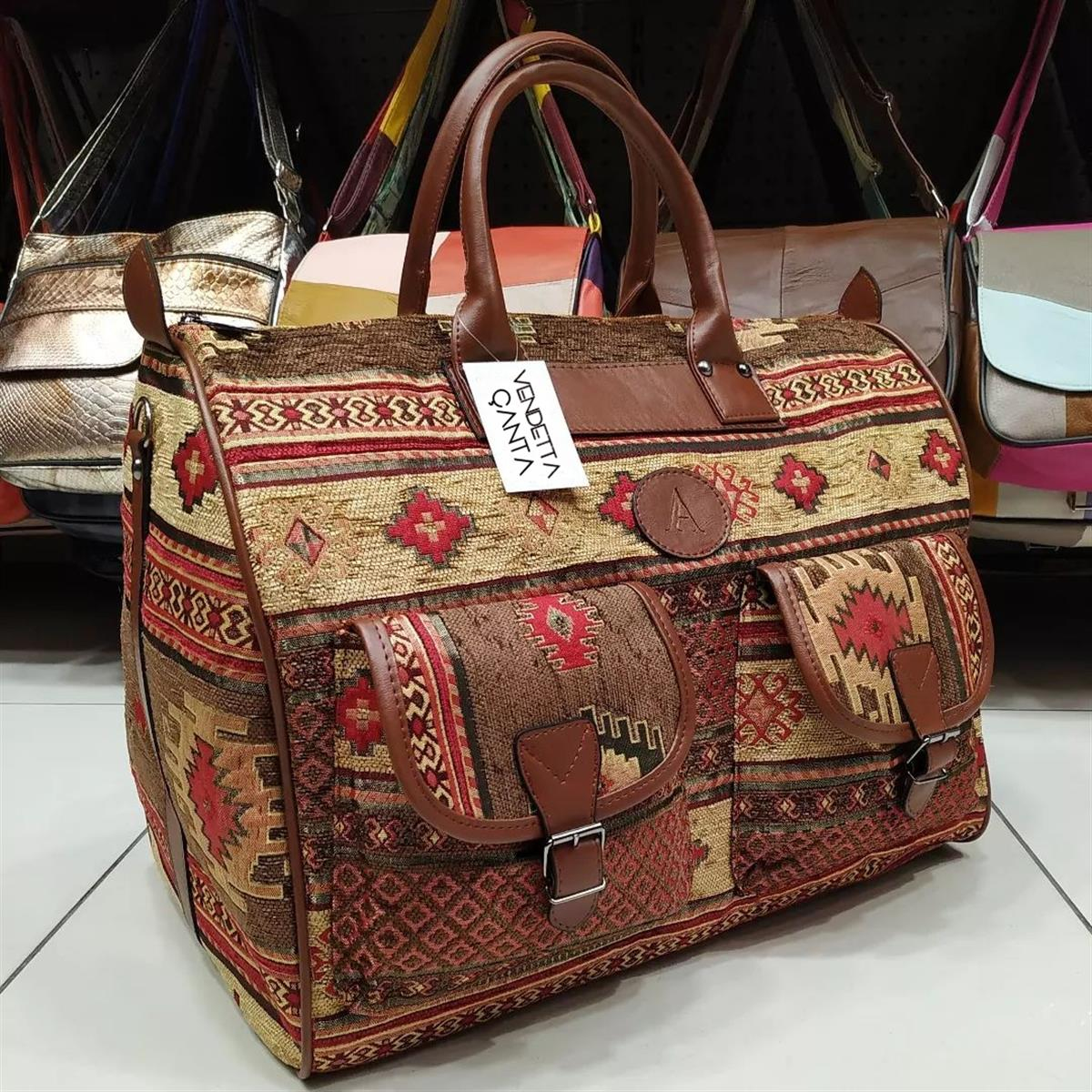Large Travel Bag, Southwest and Turkish Motif Designs on Yarn-Knitting with  Vegan Leather Straps