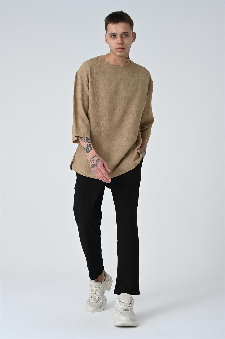 Krem Keten Fakir Kol Pis Kesim Oversize T-SHIRT SNZ - SC Sarvin