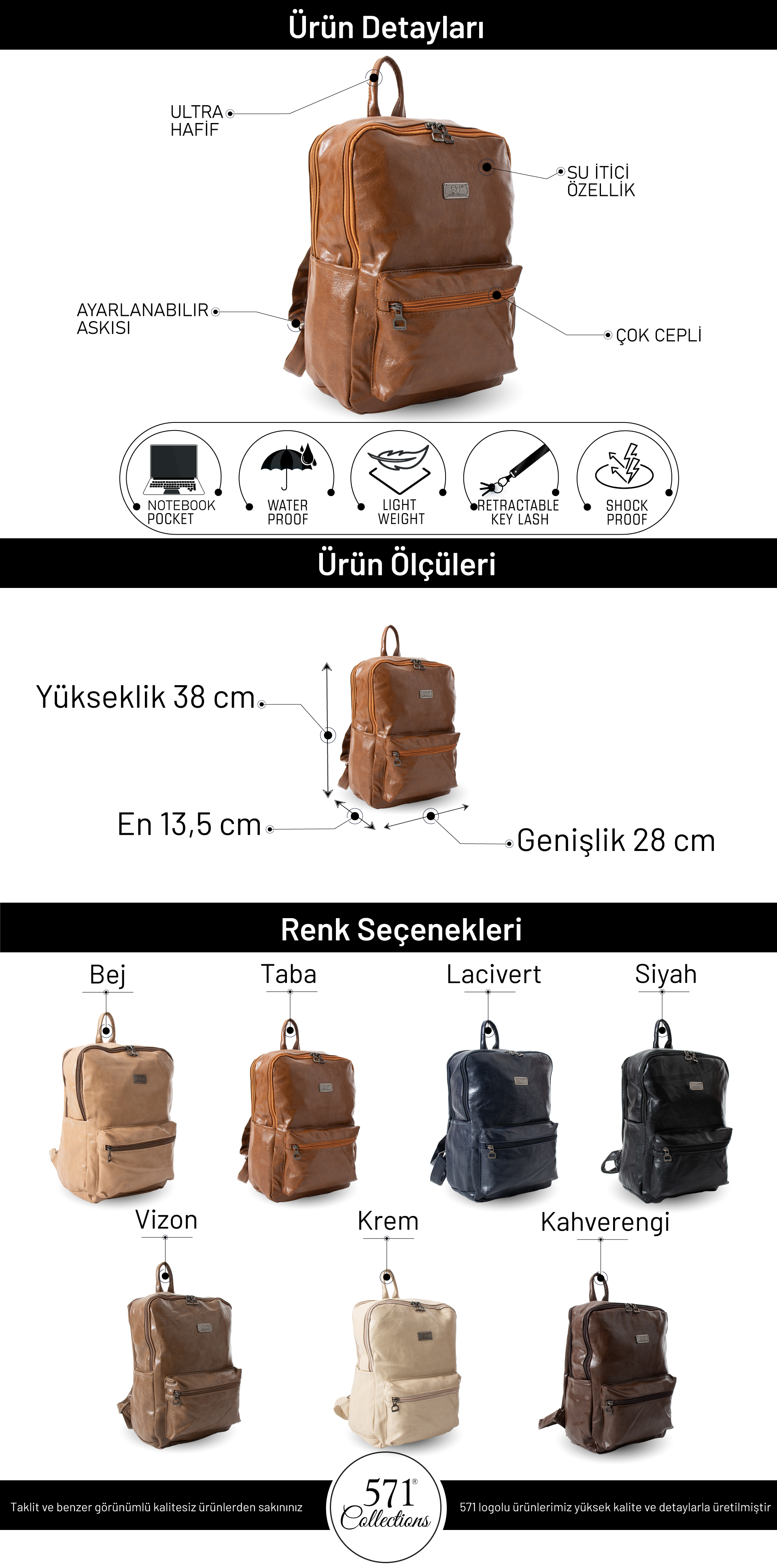 Suni Deri Yıkama Sırt Çantası (Poliüretan) Siyah Model:(571-14-16G)