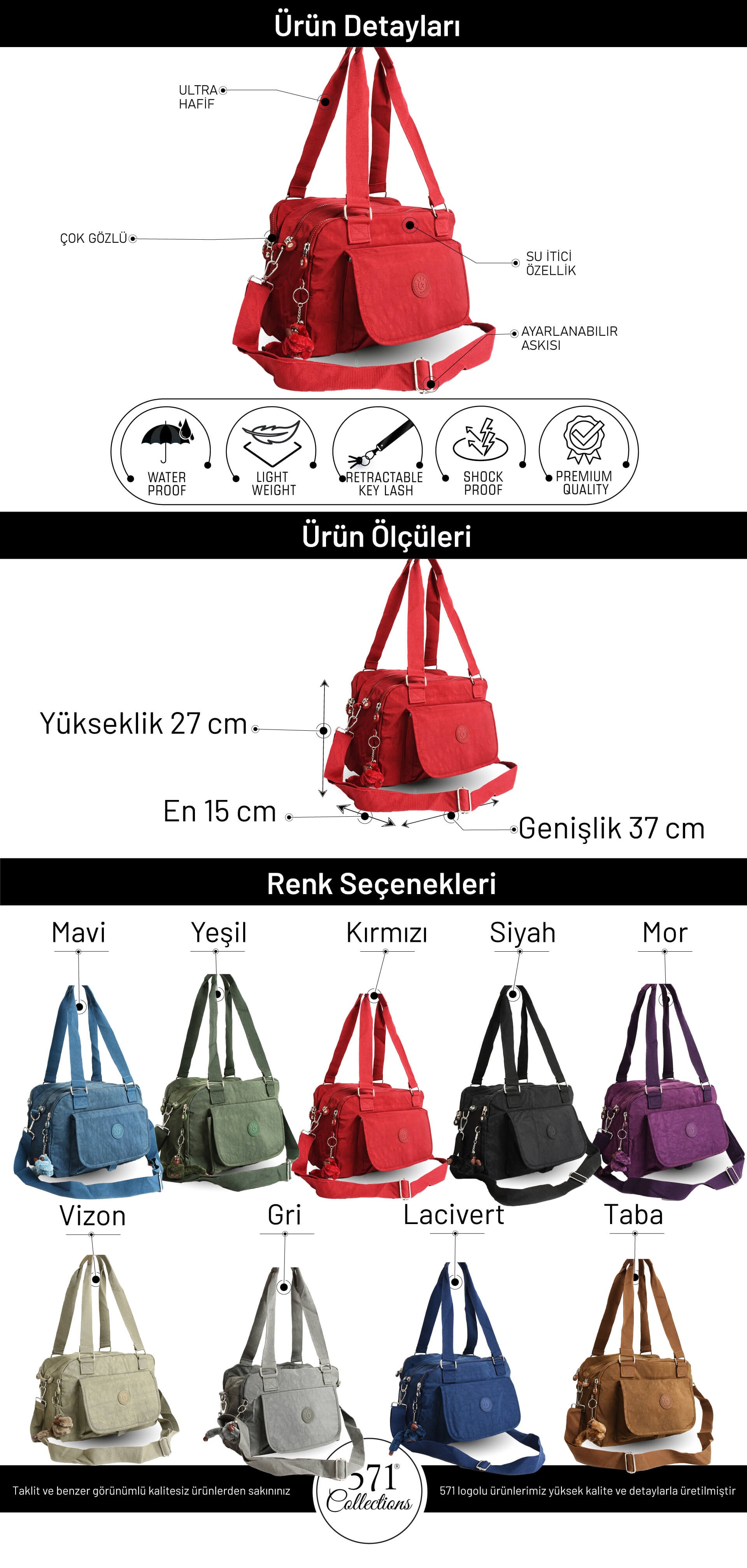 Ultra Hafif Su Geçirmez Çok Cepli Omuz Çantası Taba (Model: 571-5C)
