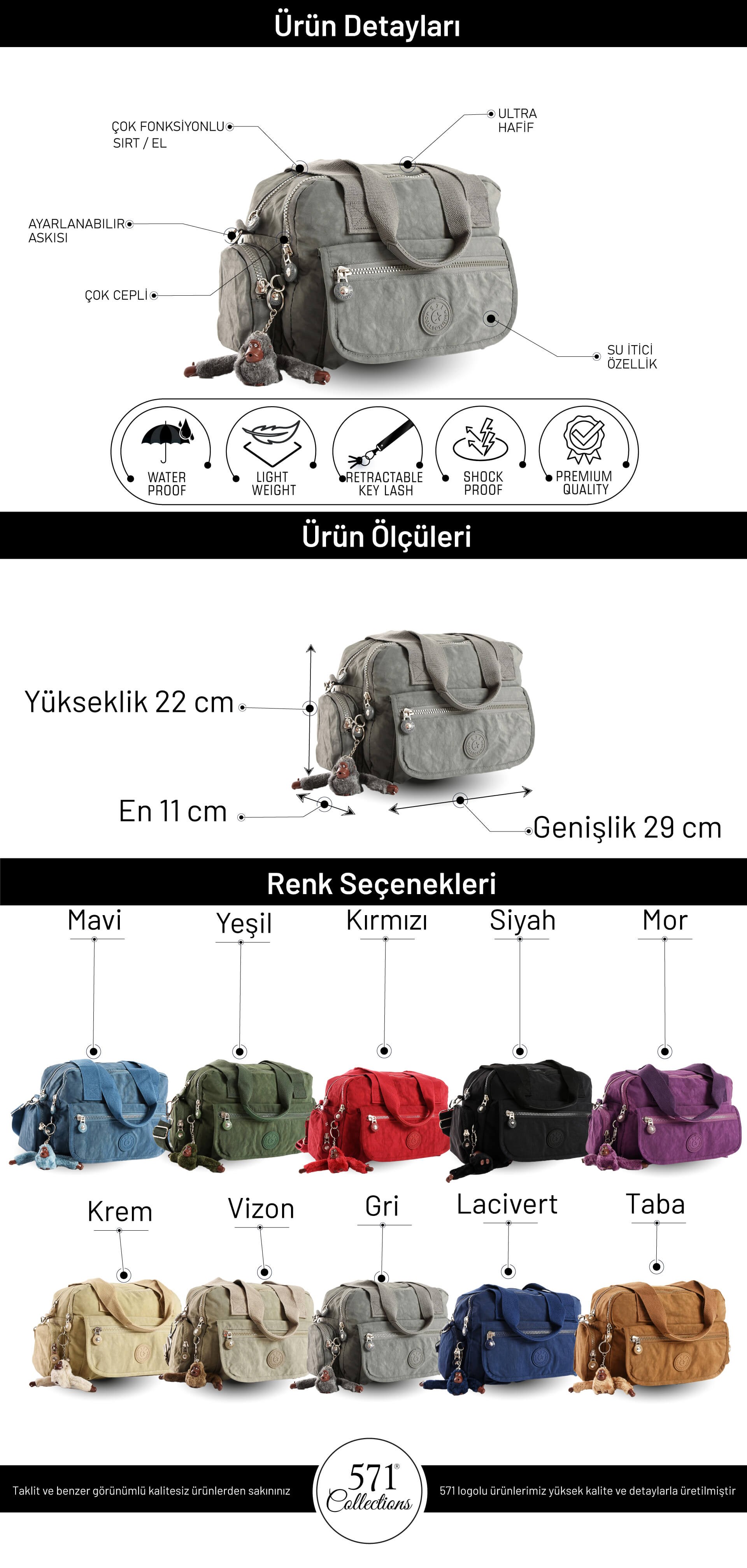 Ultra Hafif Su Geçirmez Çok Cepli Omuz Çantası Gri (Model: 571-5M)