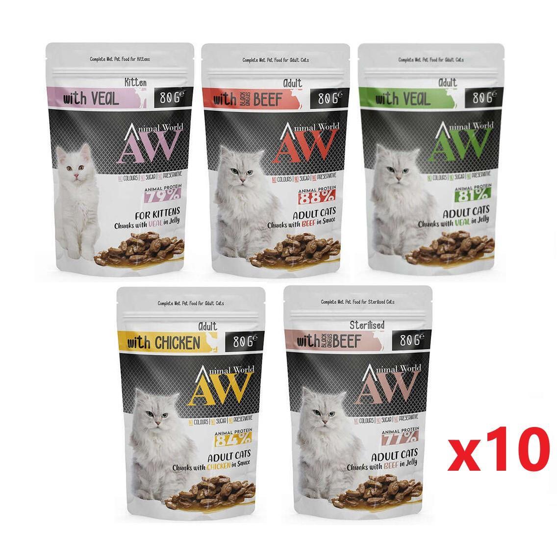 Animal World Karışık Kedi Konservesi Pouch 80 gr x 10 Adet