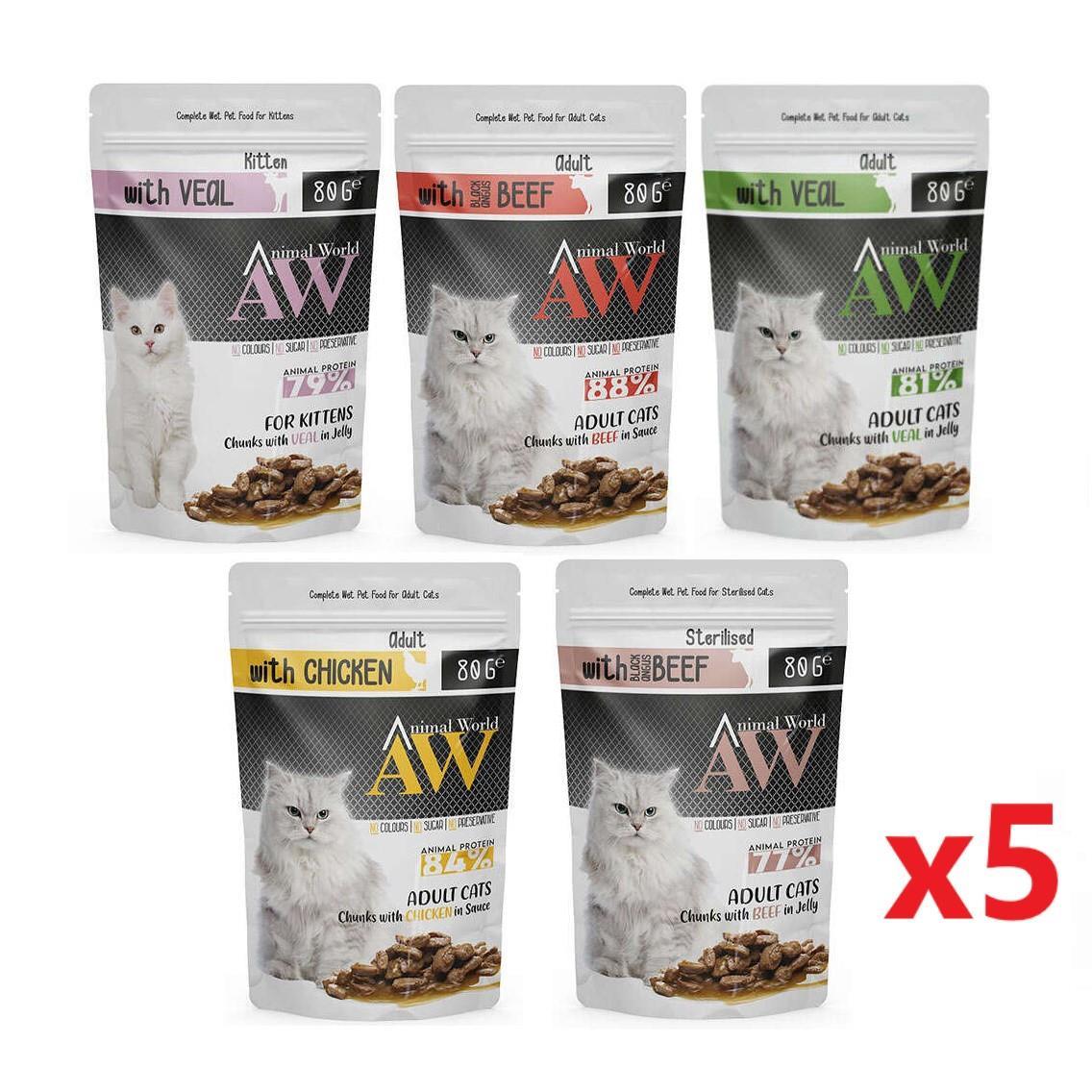 Animal World Karışık Kedi Konservesi Pouch 80 gr x 5 Adet