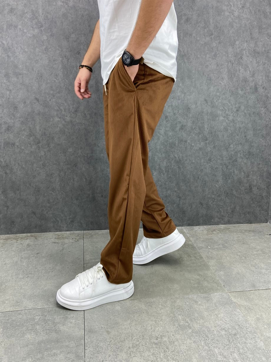 Rahat Kalıp Beli Lastikli Kadife Kahverengi Pantolon FİLO1705 | Marjin Moda