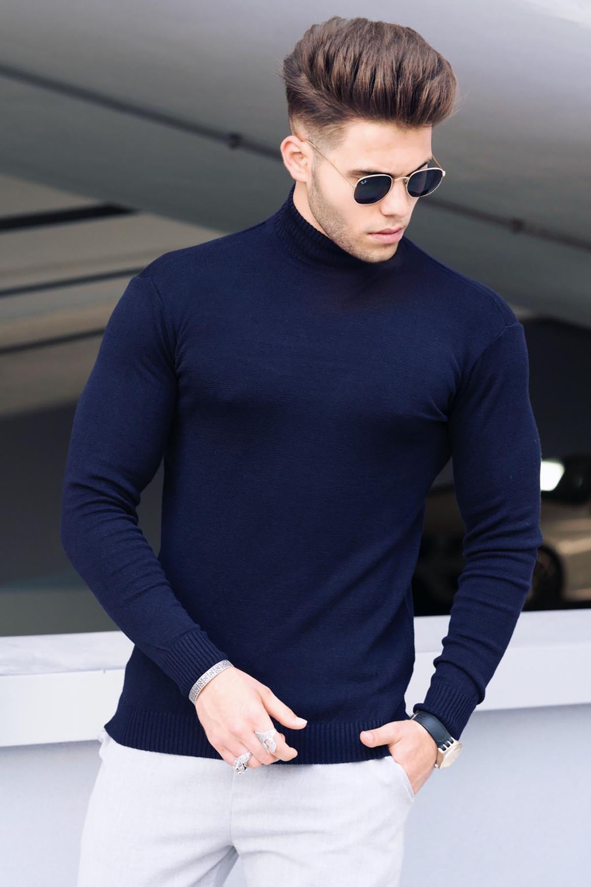 Madmext Navy Blue Mock Turtleneck Men Jumper 9419