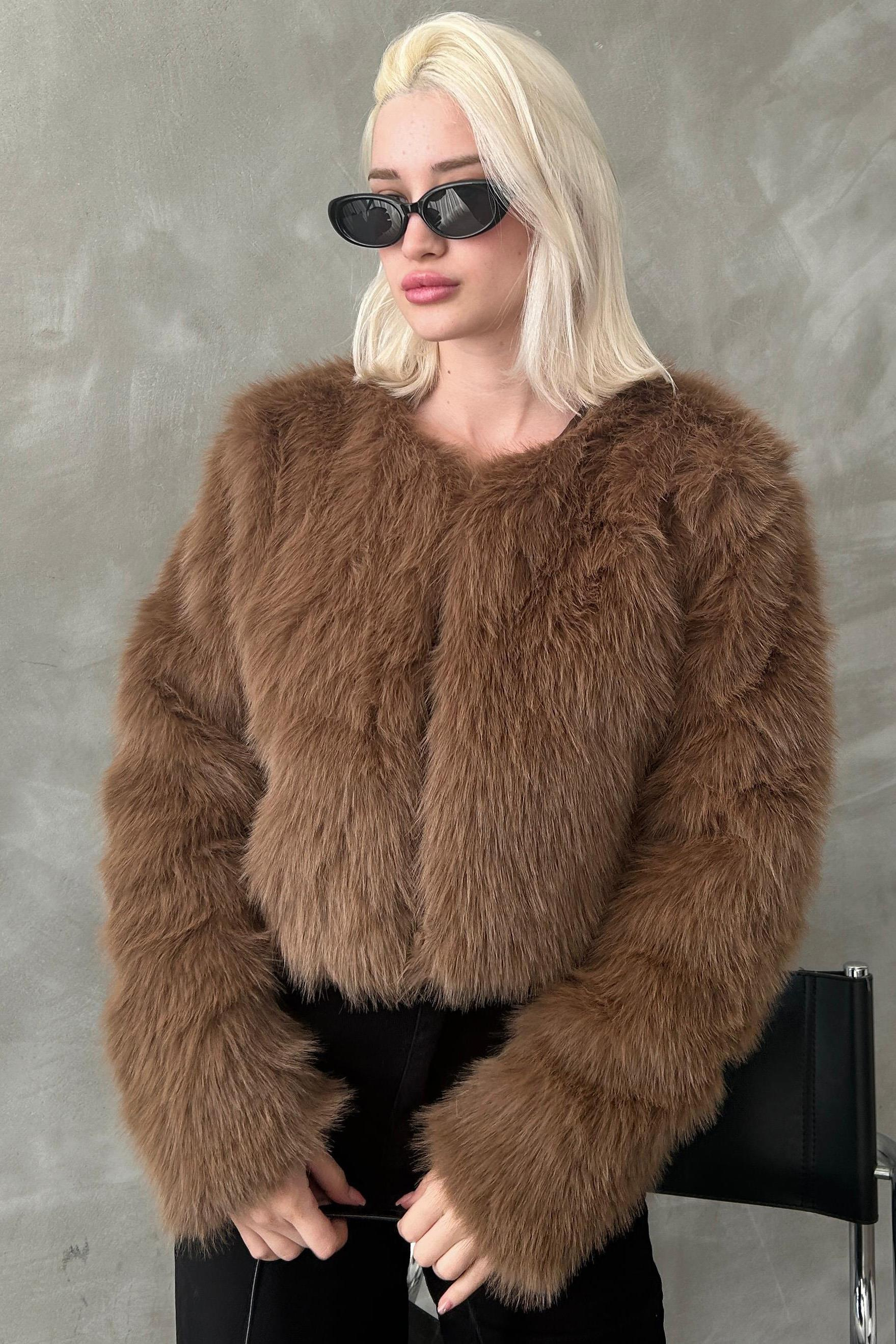 フルウィッグ Mサイズ Kahverengi Bisiklet Yaka Kadın Suni Kürk Mont MG2176- Madmext