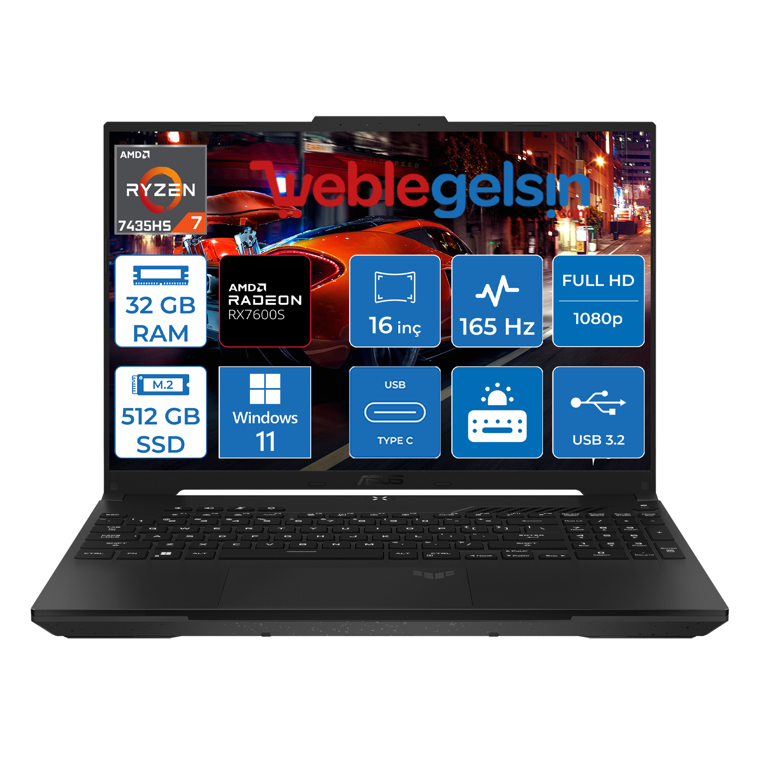 Asus TUF Gaming A16 FA617NSR-N3056 Ryzen 7 7435HS 32GB DDR5 Ram 512GB ...