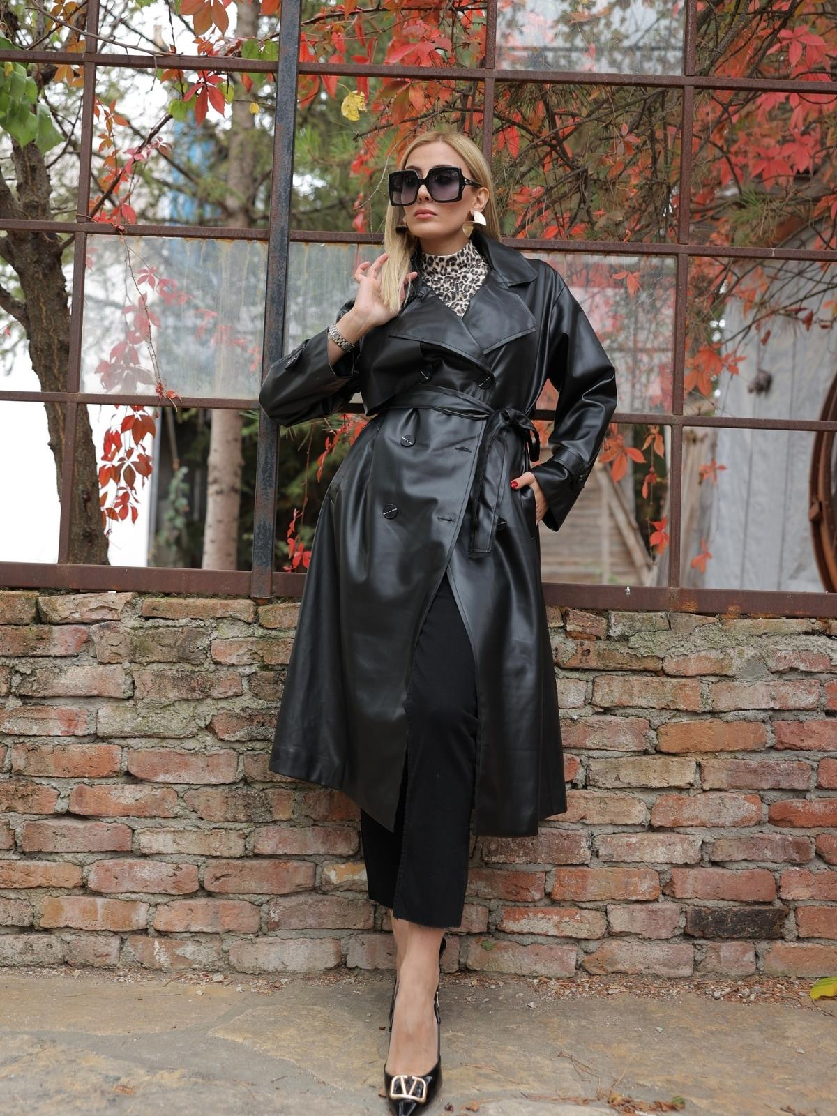 Z1871 9332 Deri Trench - Siyah