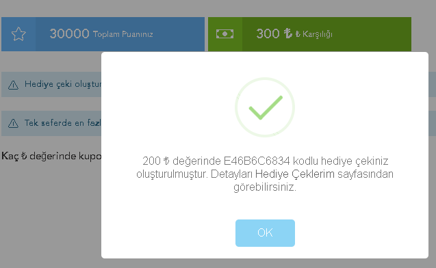Kupon oluşturuldu bilgilendirmesi