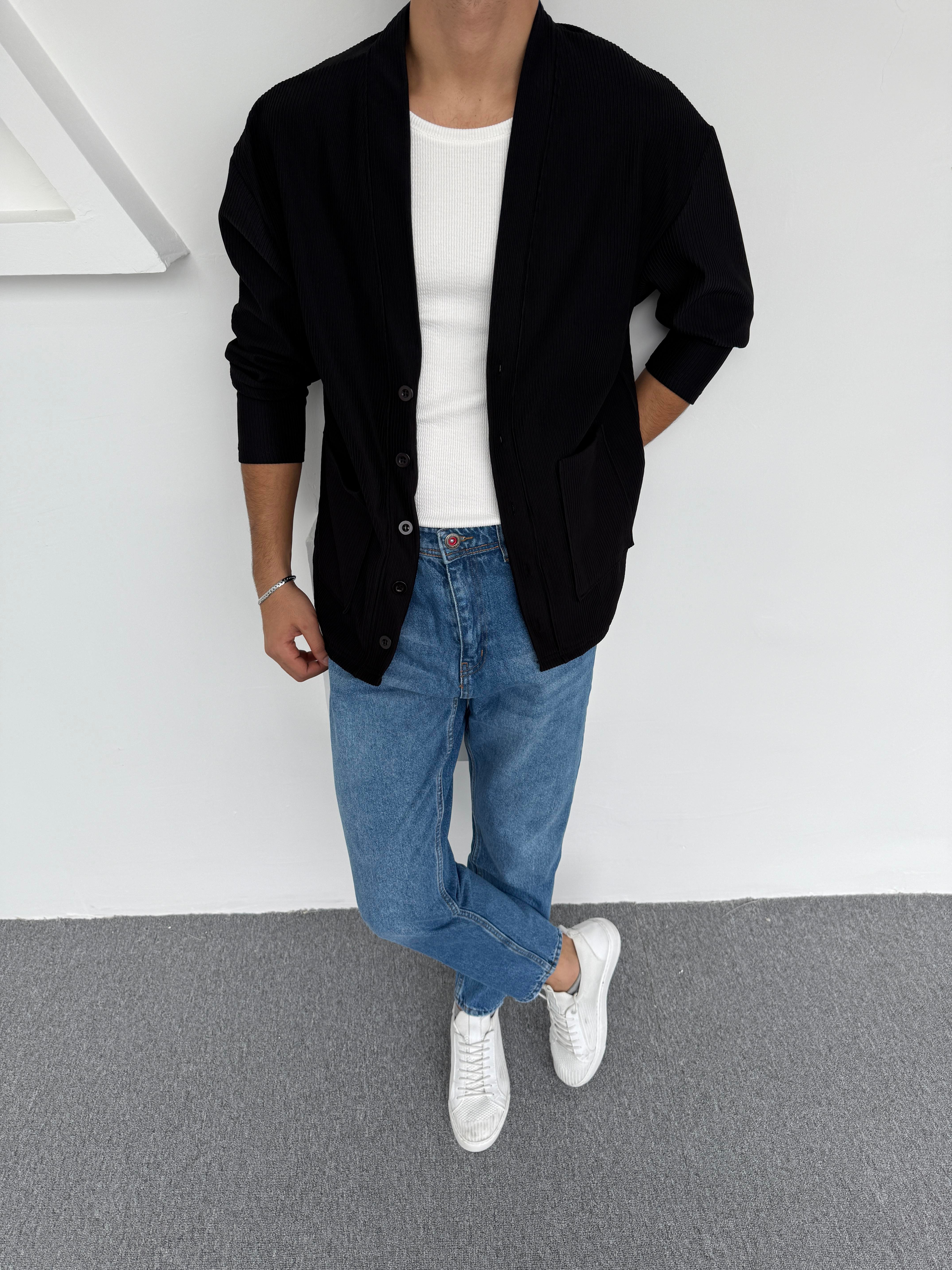 Şardonlu Ottoman Kumaş Oversize Hırka Siyah · 4