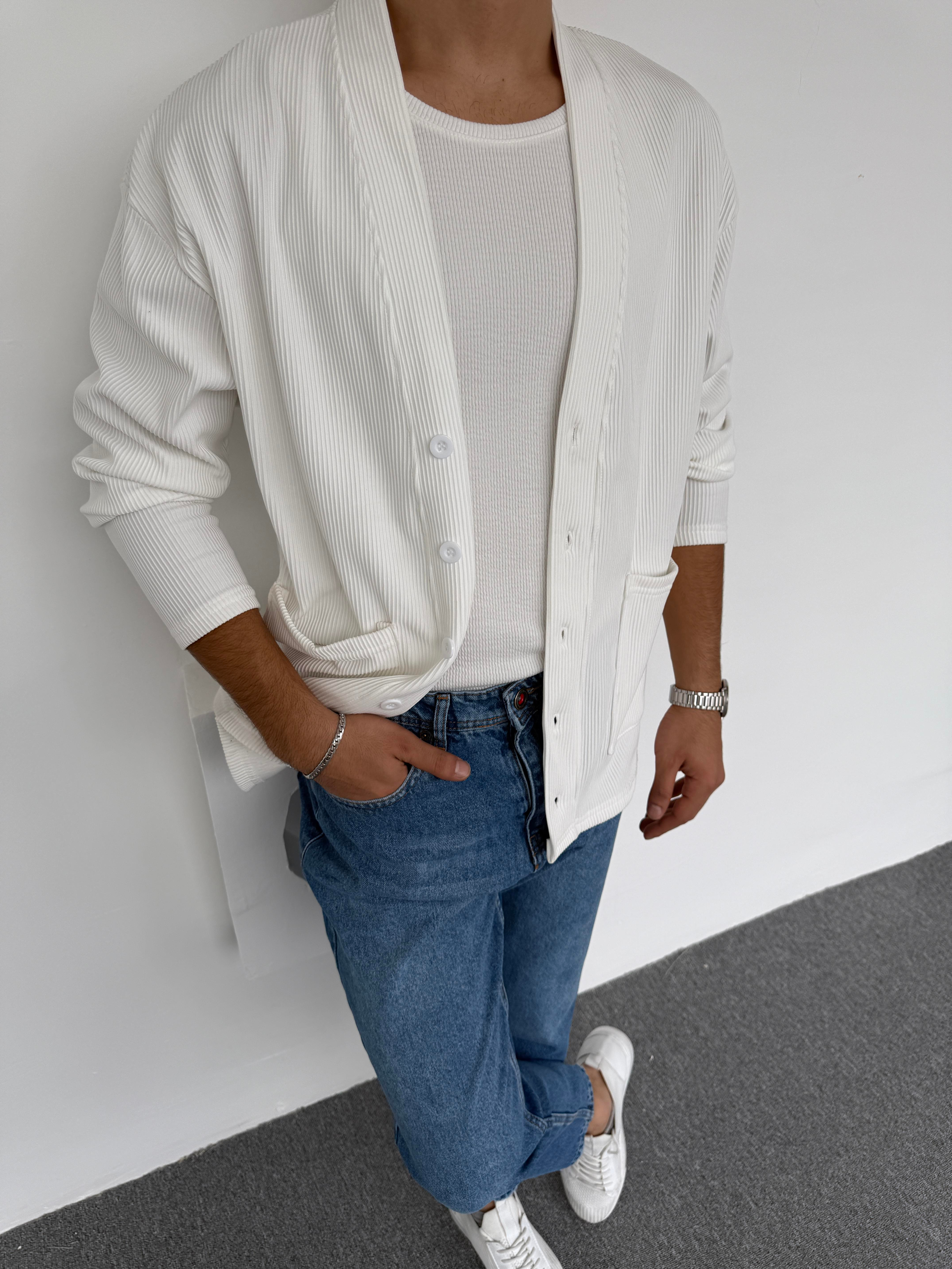 Şardonlu Ottoman Kumaş Oversize Hırka Beyaz · 4