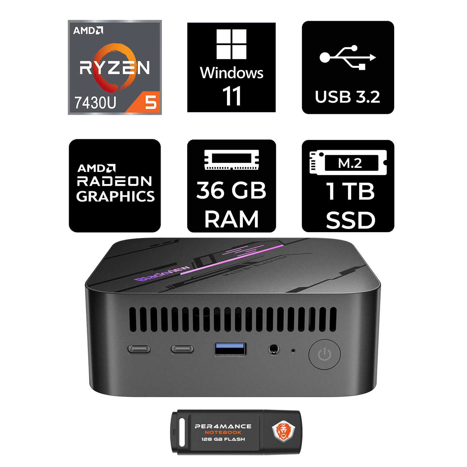 Blackview MP100 Amd Ryzen 5 7430U 36GB 1TB SSD Windows 11 Home Mini ...