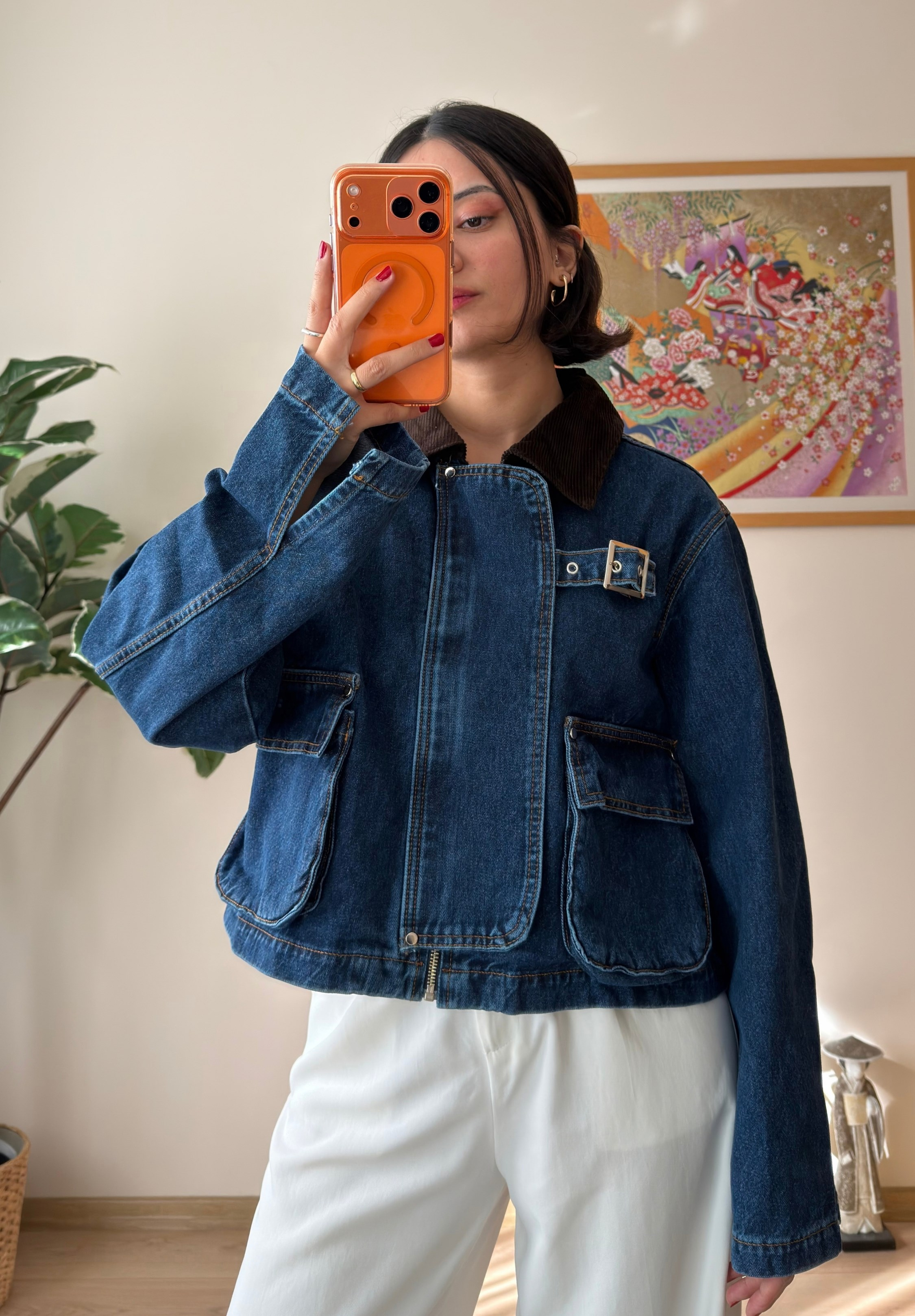 Yeni Sezon Kadife Yaka Çift Cepli Oversize Denim Ceket | Miyuko.co