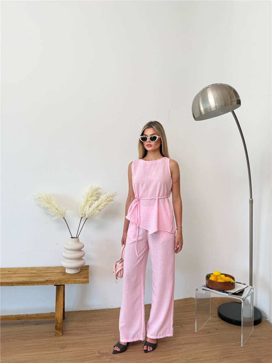 Dökümlü Kısa Kollu Bluz ve Geniş Paça Pantolon Takımı - Pembe · 6
