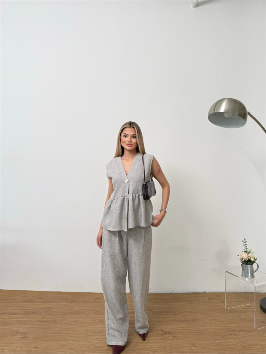 Dökümlü Peplum Bluz ve Pantolon Takımı - Gri · 8