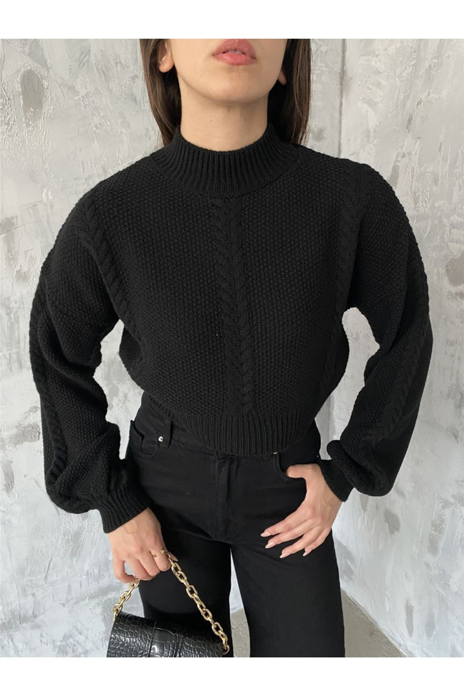 Kadın Balıkçı Yaka Örgü Detaylı Crop Triko Kazak Zyn-58381 - Siyah · 5