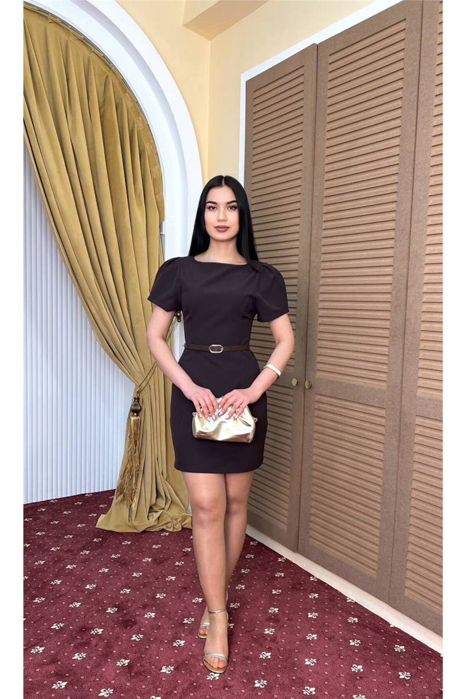 Kadın Balon Kol Mini Elbise ZYN-58921 - KAHVERENGİ · 2