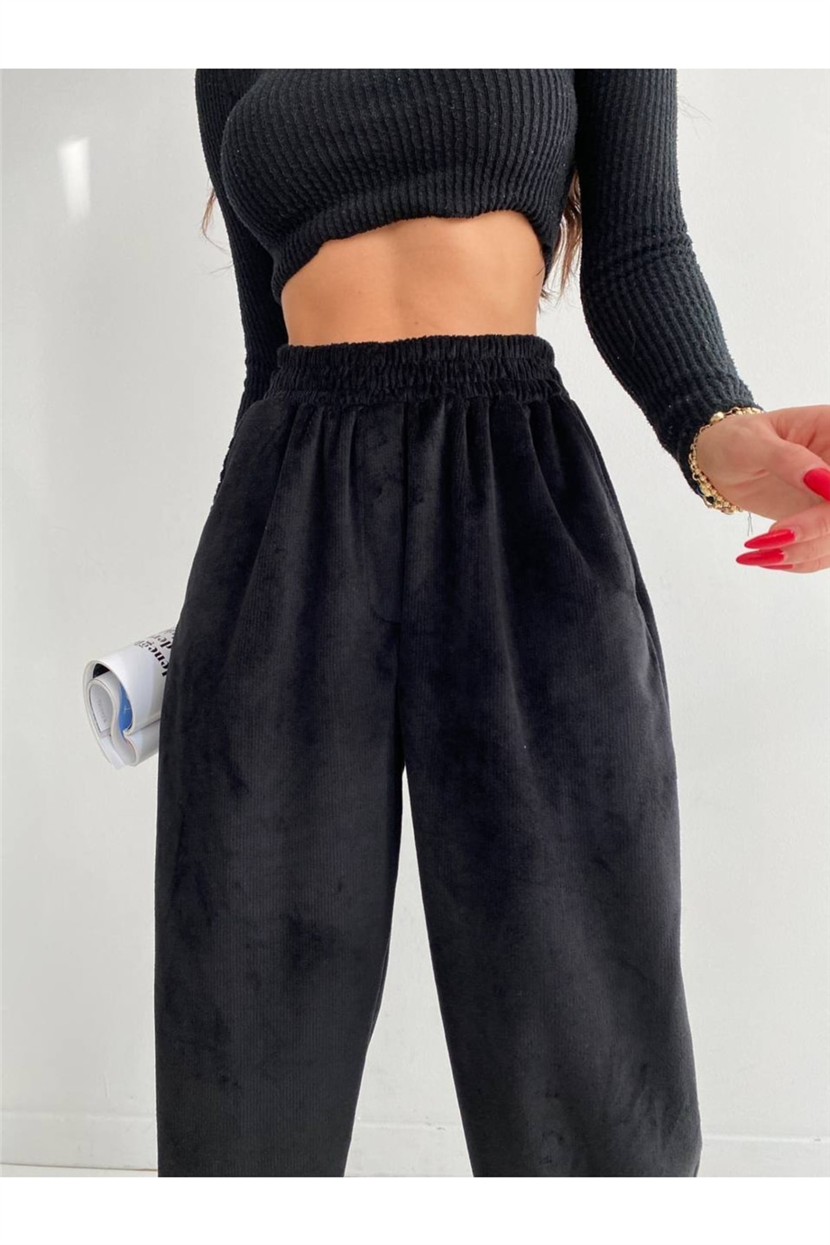 Kadın Beli Lastili Ince Fitilli Pantolon Zyn-58375 - Siyah · 3