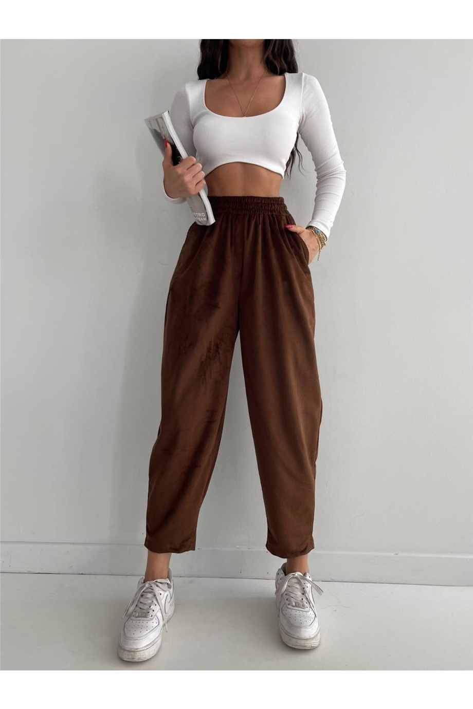 Kadın Beli Lastili Ince Fitilli Pantolon Zyn-58375 - KAHVERENGİ · 3