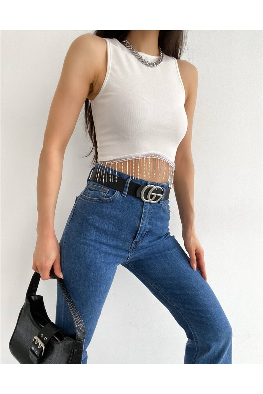 Kadın Beli Zincir Ve Taş Detaylı Halter Yaka Kaşkorse Crop Bluz Zyn-58403 - BEYAZ · 4