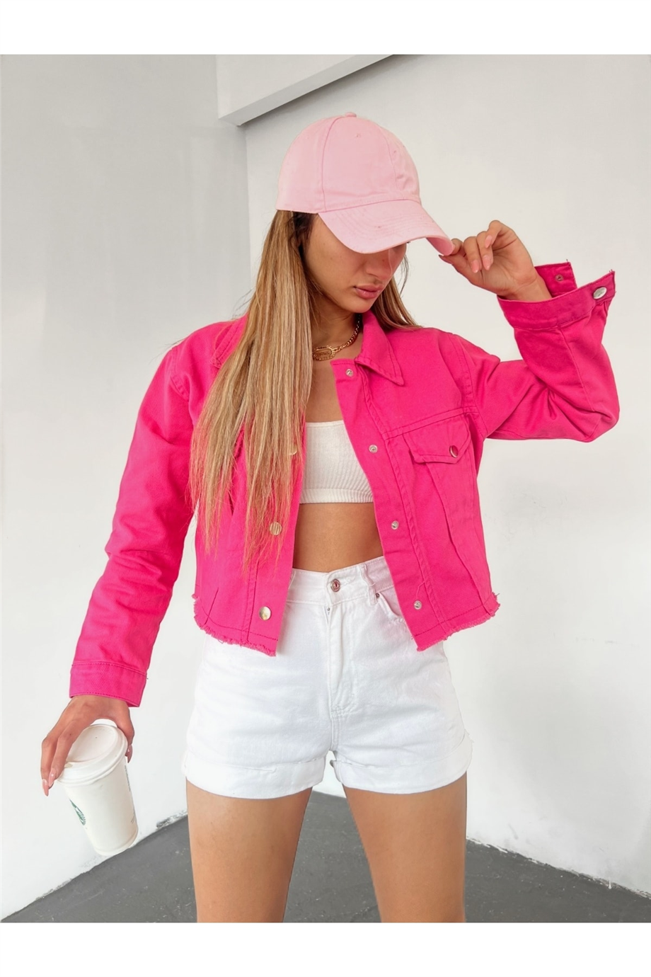 Kadın Çift Cepli Çıtçıt Düğmeli Eteği Püsküllü Crop Denim Ceket Zyn-58392 - FUŞYA · 9