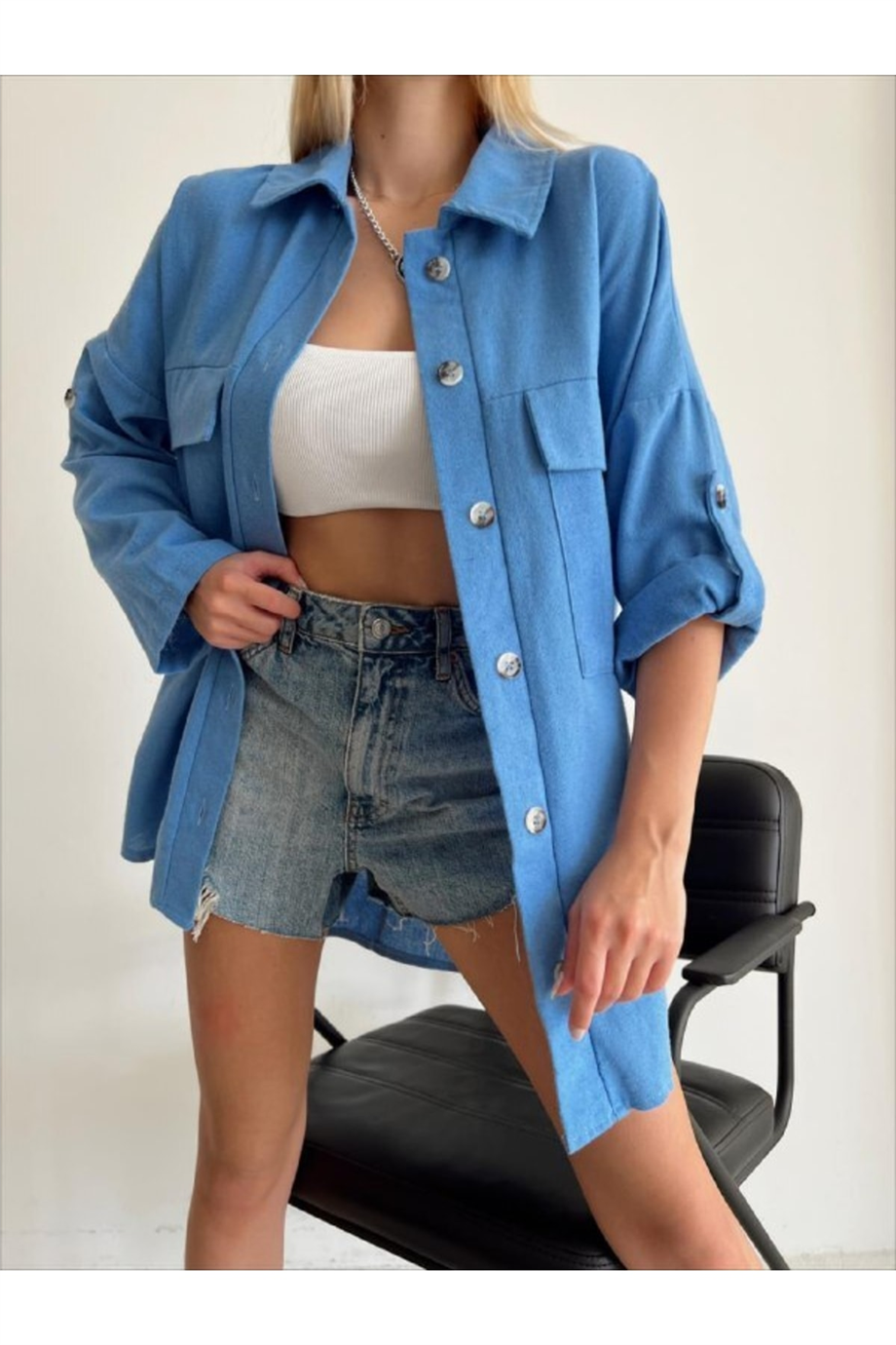 Kadın Çift Çepli Kolları Katlamalı Oversize Kalın Keten Gömlek Zyn-58374 - MAVİ · 2