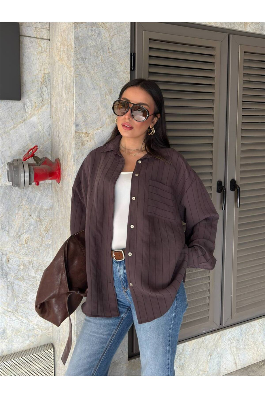 Kadın Çizgili Oversize Gömlek ZYN-58936 - KAHVERENGİ · 2