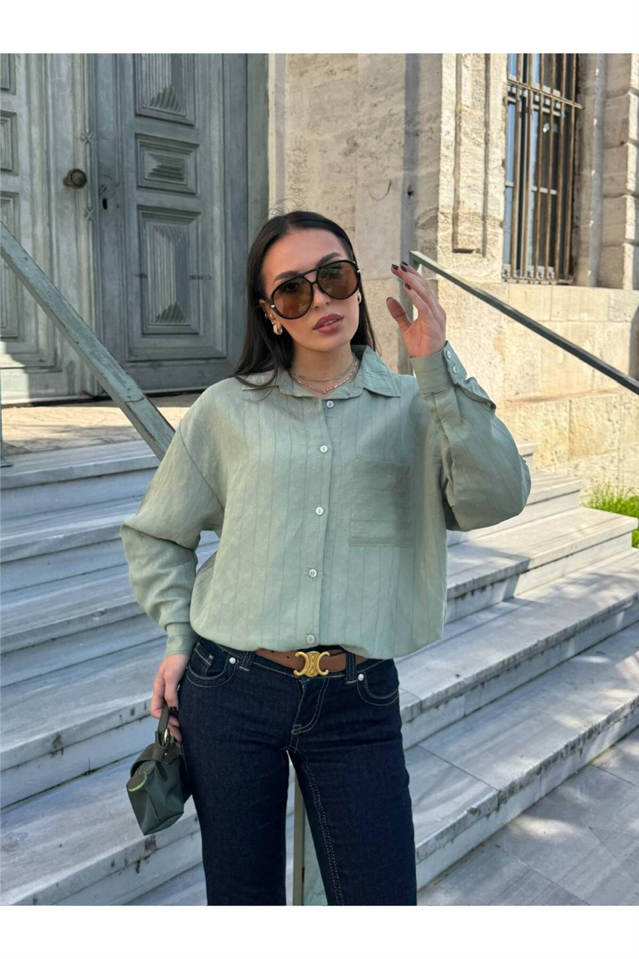 Kadın Çizgili Oversize Gömlek ZYN-58936 - YEŞİL · 2