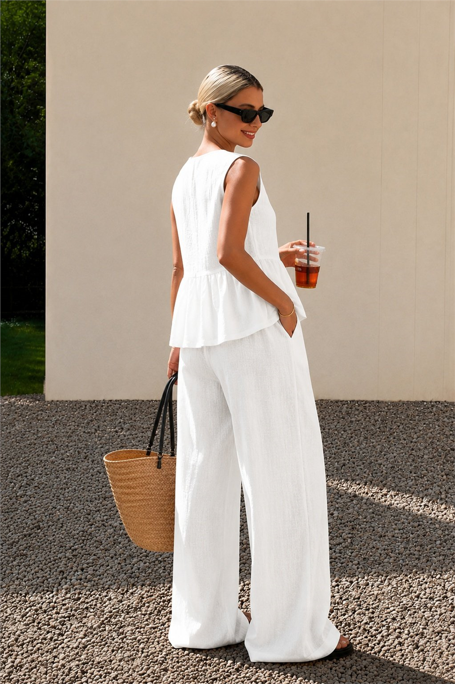 Kadın Dökümlü Peplum Bluz ve Pantolon Takımı - Beyaz · 9