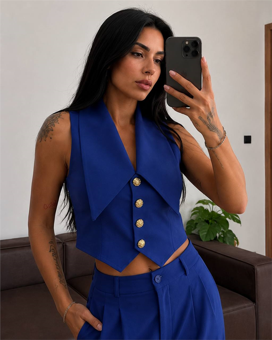 Kadın Gold Düğme Detaylı Yelek Pantolon Takım - Mavi · 3