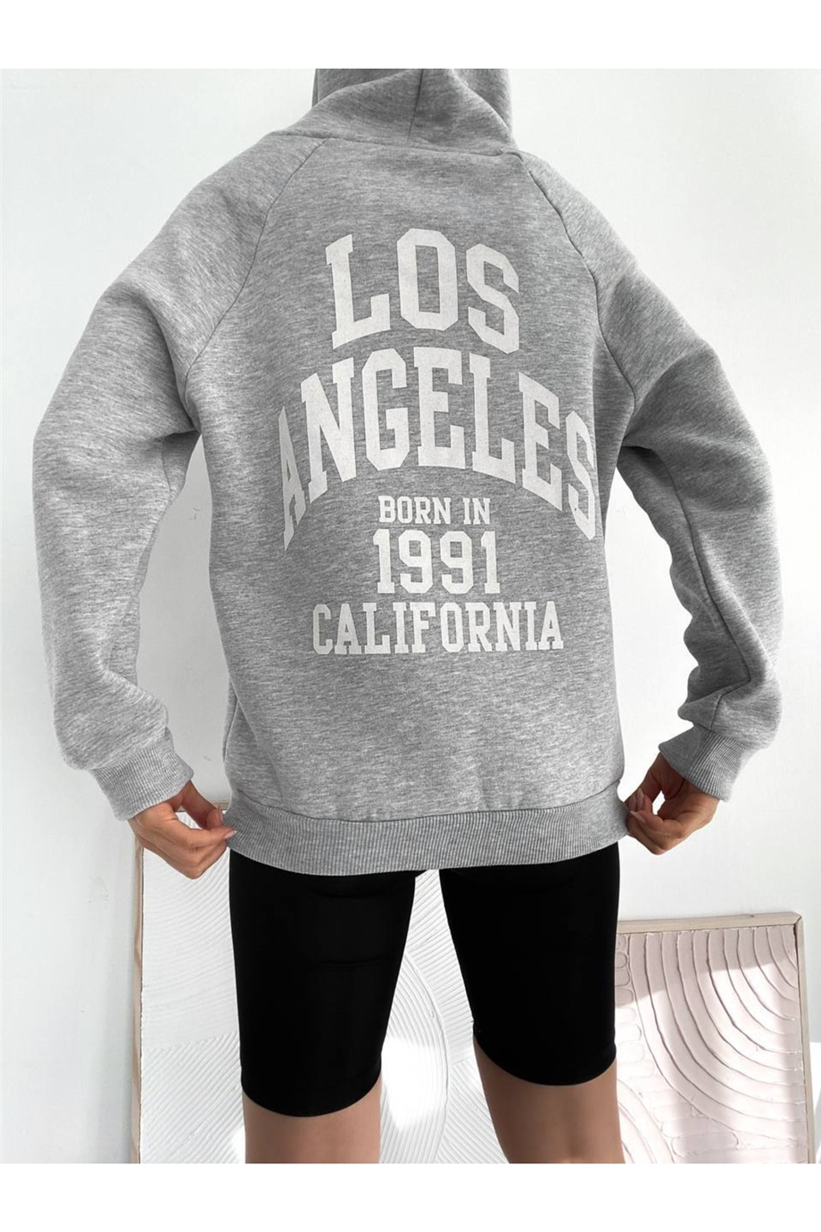 Kadın Kapüşonlu Fermuarlı Önü Ve Arkası Yazı Baskılı Oversize Sweatshirt - GRİ · 4