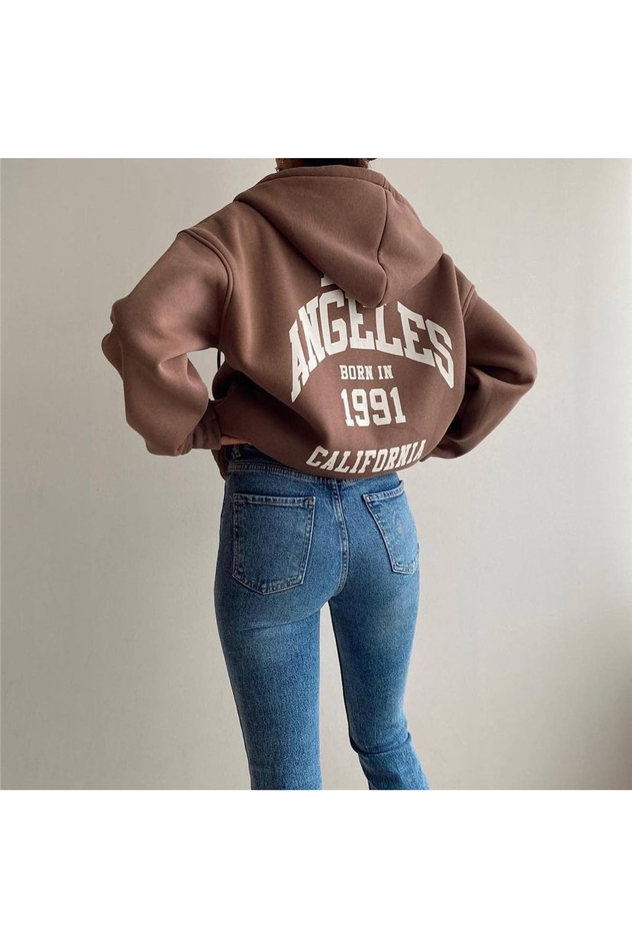 Kadın Kapüşonlu Fermuarlı Önü Ve Arkası Yazı Baskılı Oversize Sweatshirt - KAHVERENGİ · 2