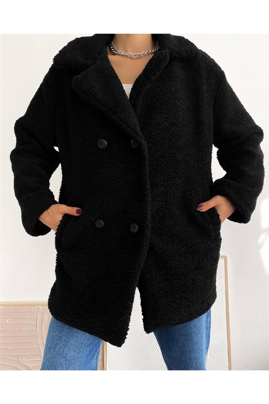 Kadın Kruvaze Peluş Kaban Astarlı Zyn-58366 - Siyah · 5