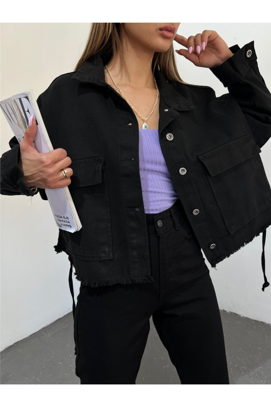 Kadın Oversize Gizli Büzgülü Denim Ceket Zyn-58391 - Siyah · 9