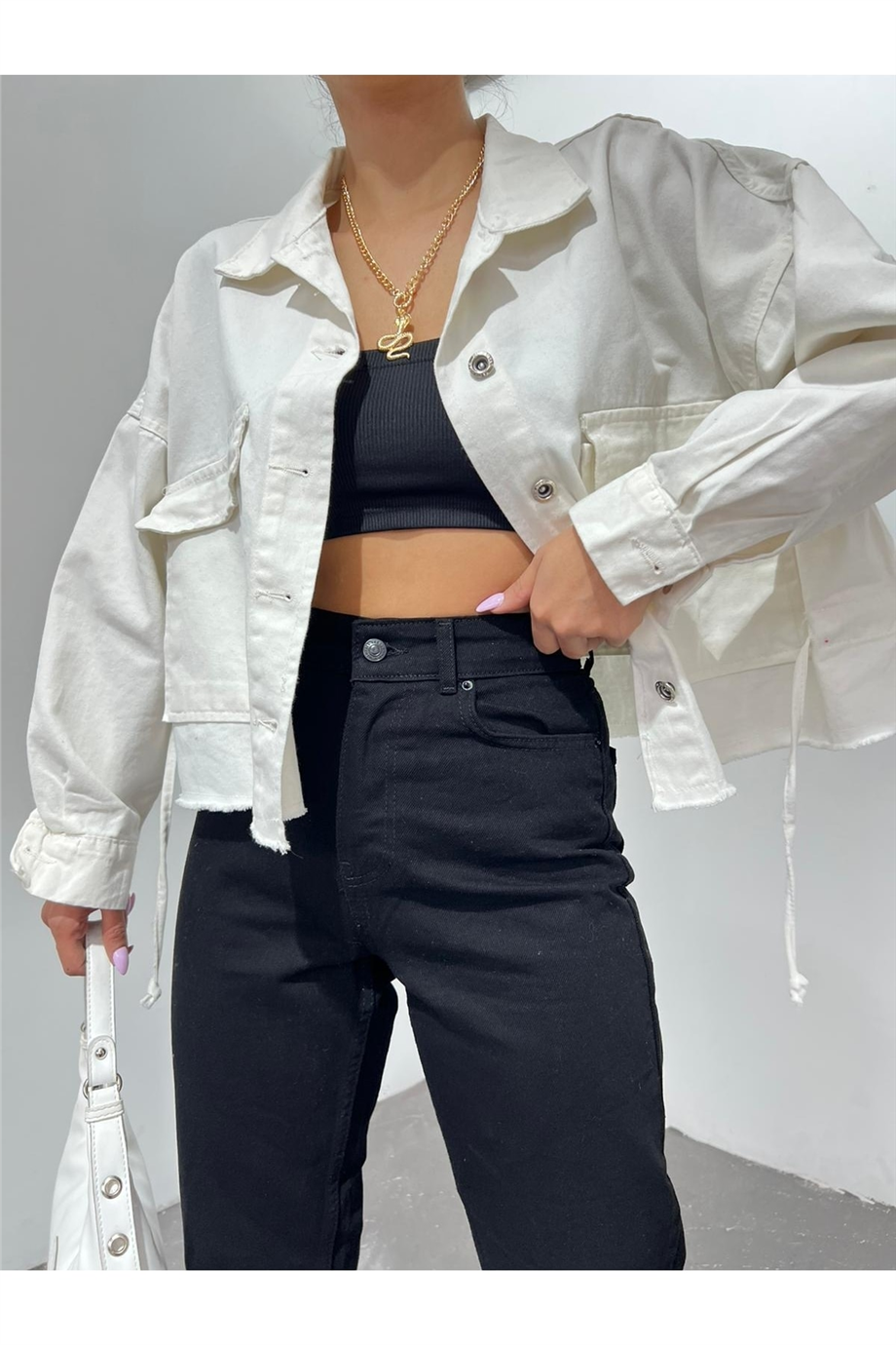 Kadın Oversize Gizli Büzgülü Denim Ceket Zyn-58391 - BEYAZ · 9