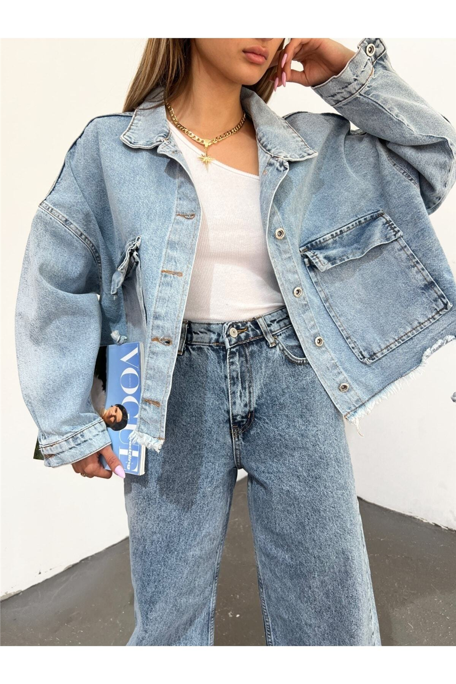 Kadın Oversize Gizli Büzgülü Denim Ceket Zyn-58391 - MAVİ · 9