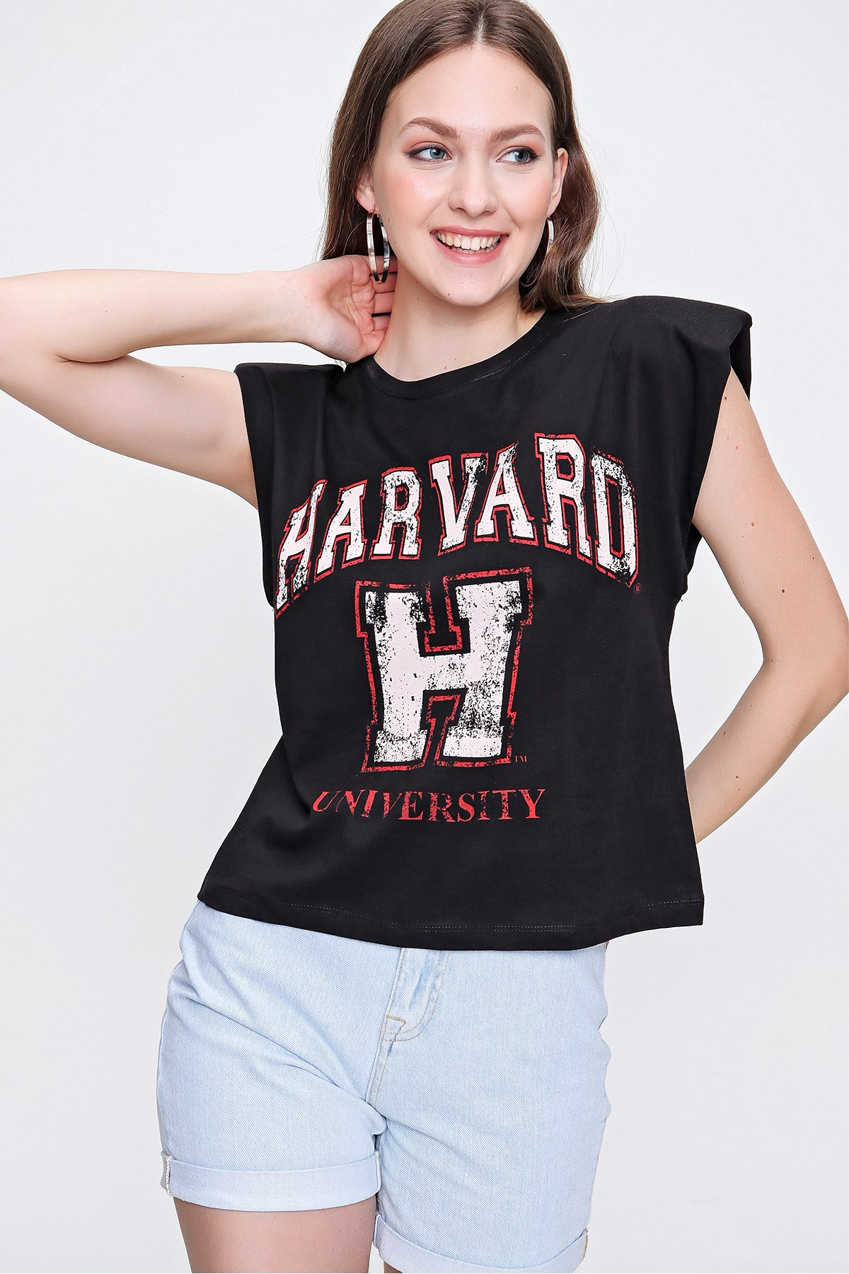 Kadın Siyah Harvard Sıfır Kol Tişört - Butik Buruç