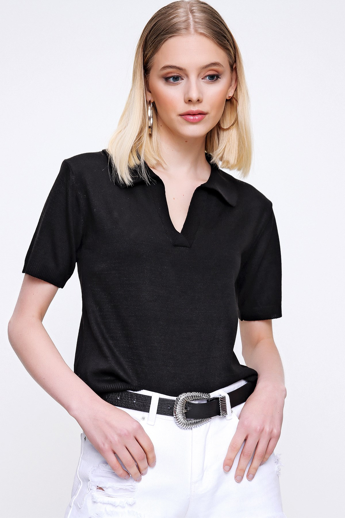 Kadın Siyah Polo Yaka Triko Bluz - Butik Buruç