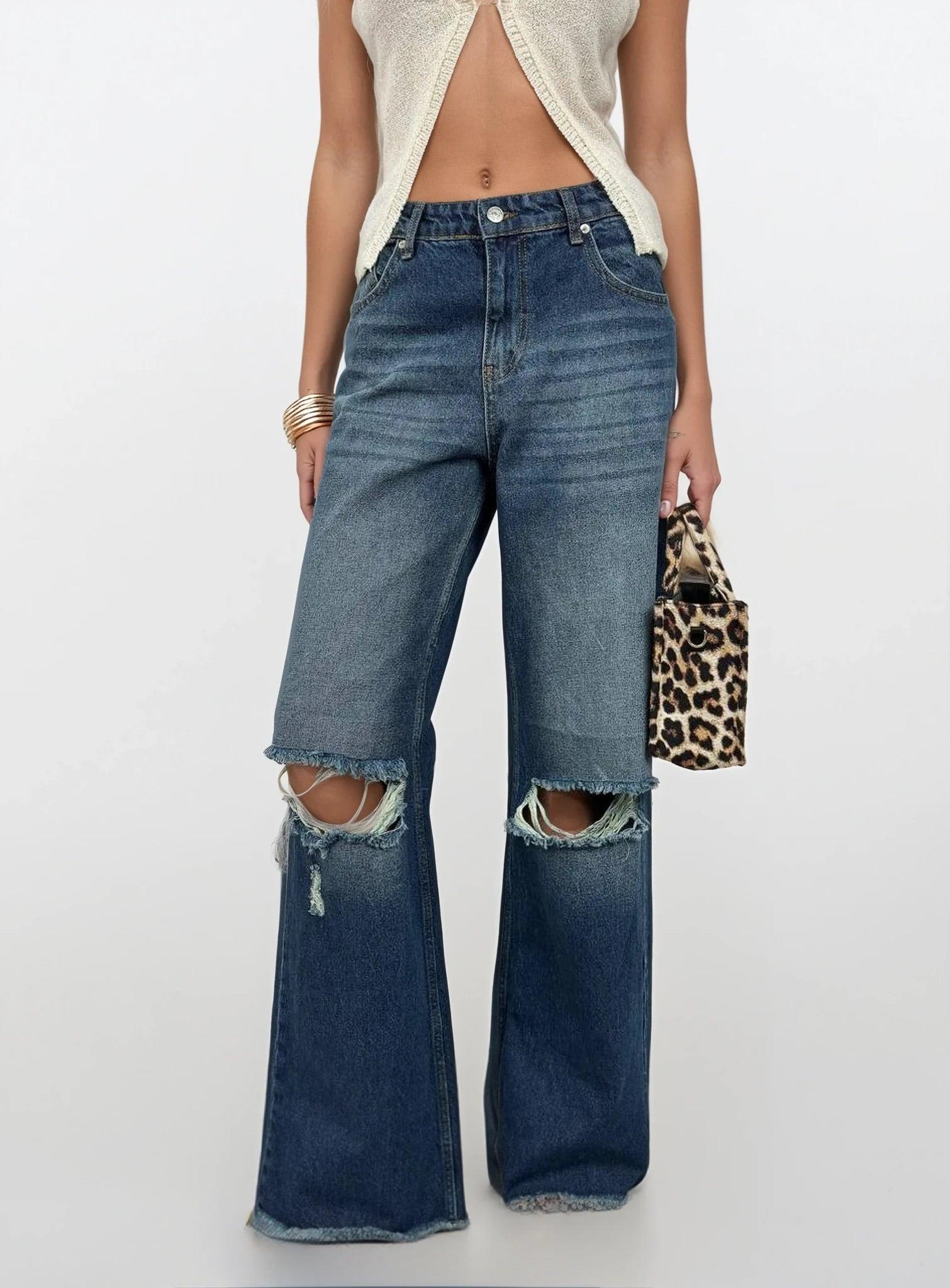 Geniş Paça Lazer Detay Mavi Jean