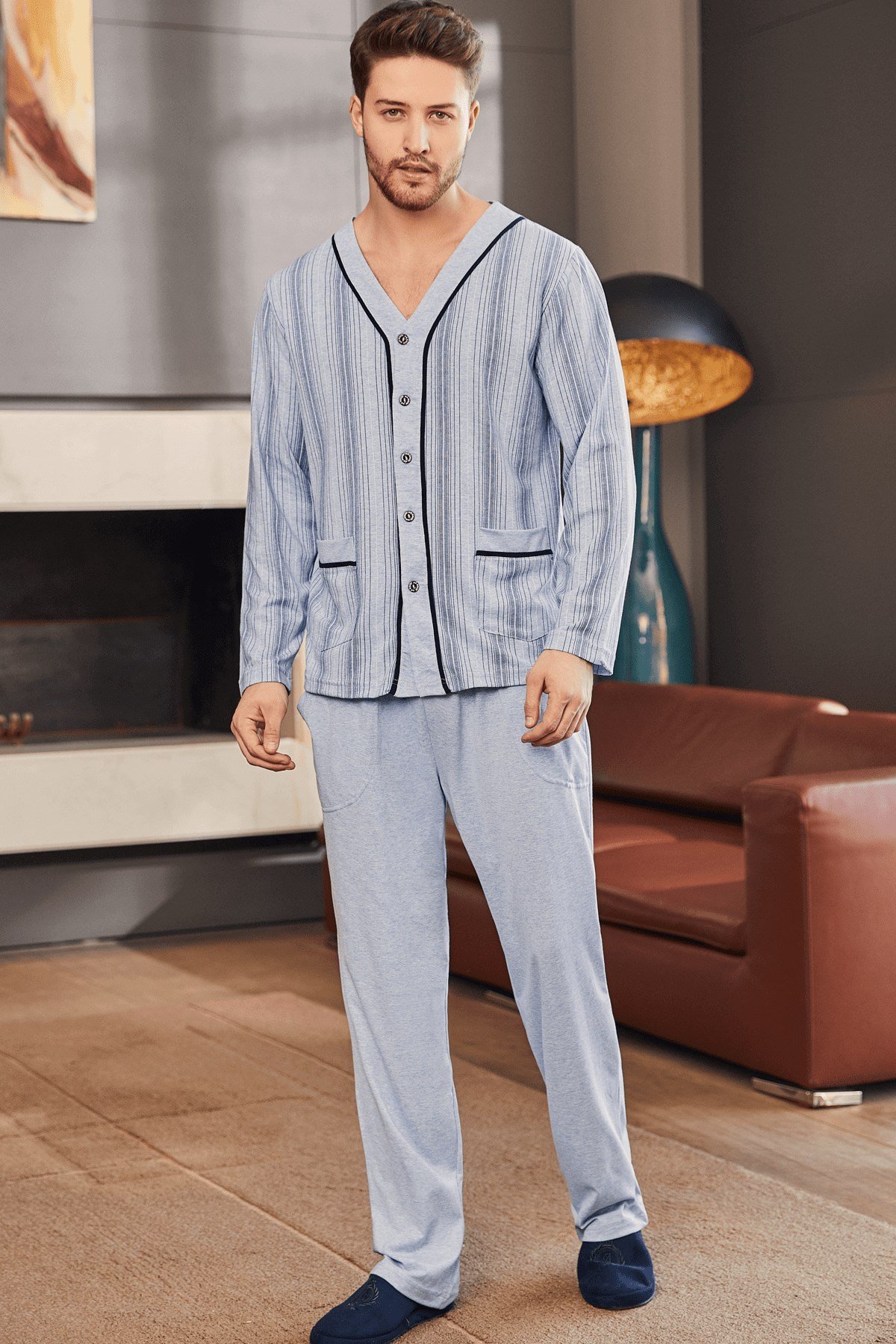 By Mecit 2758 Mavi Büyük Beden Erkek Pijama Takımı