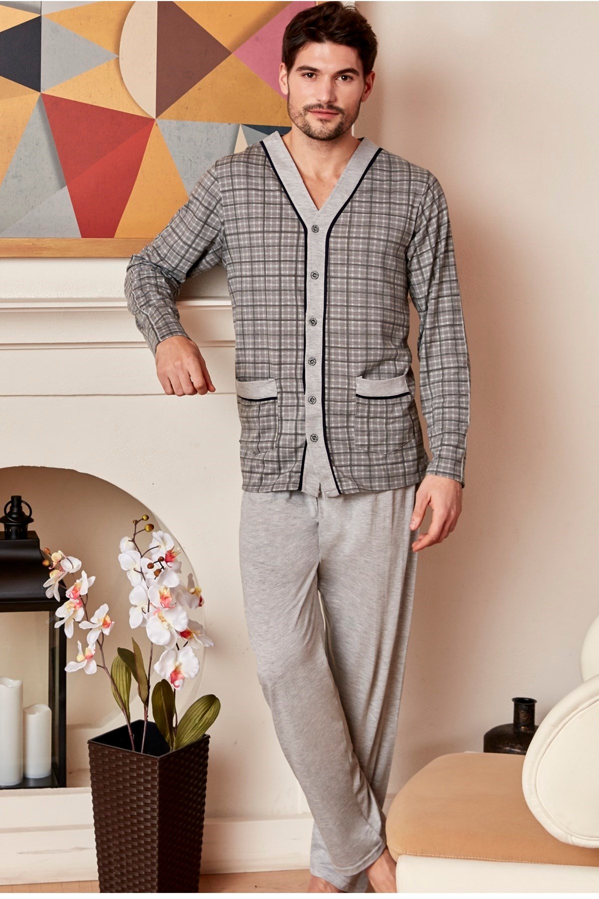 By Mecit 2811 Önden Düğmeli Büyük Beden Erkek Pijama Takımı