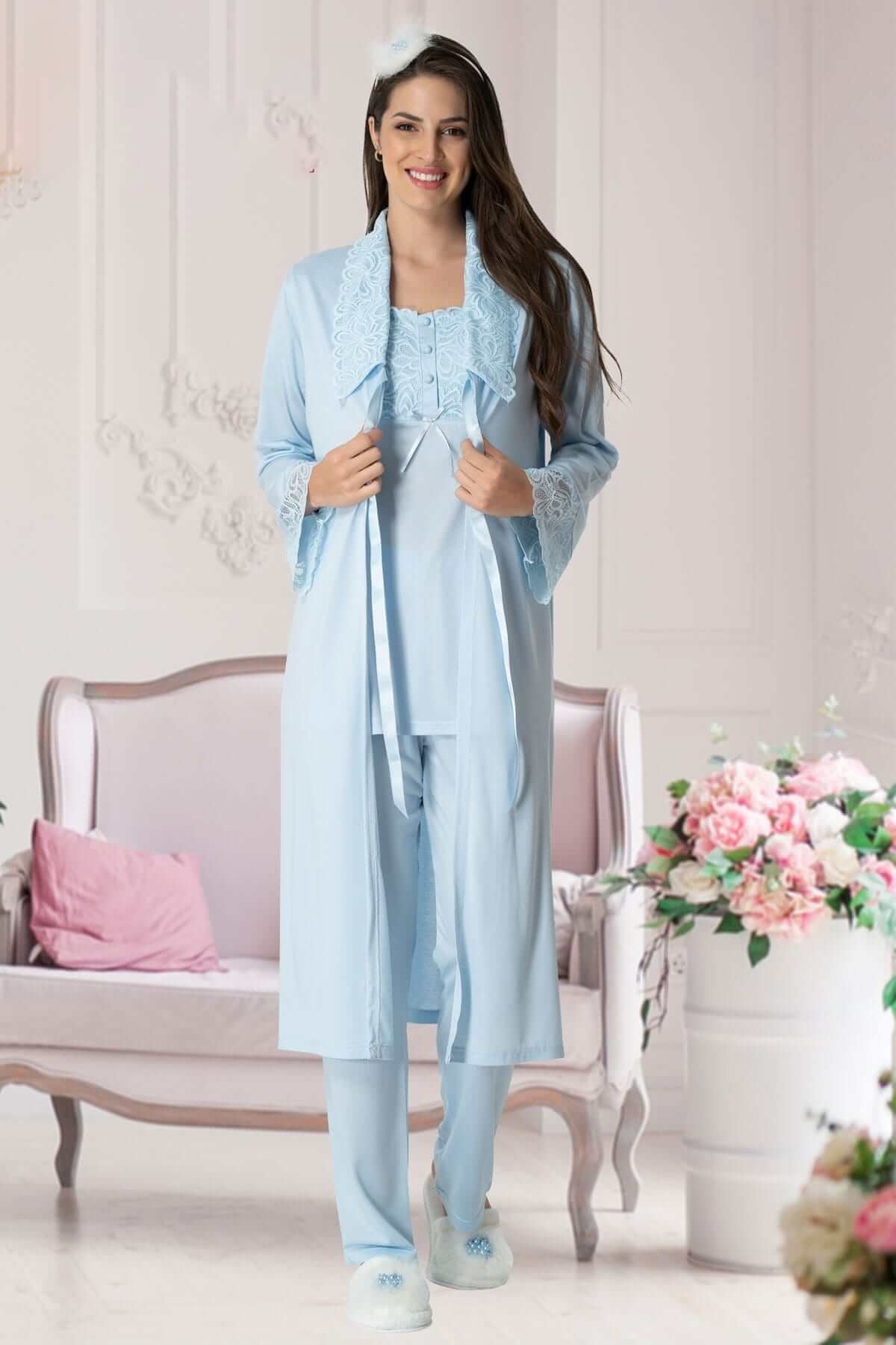 Carpediem 1541 Mavi Uzun Sabahlıklı Lohusa Pijama Takımı