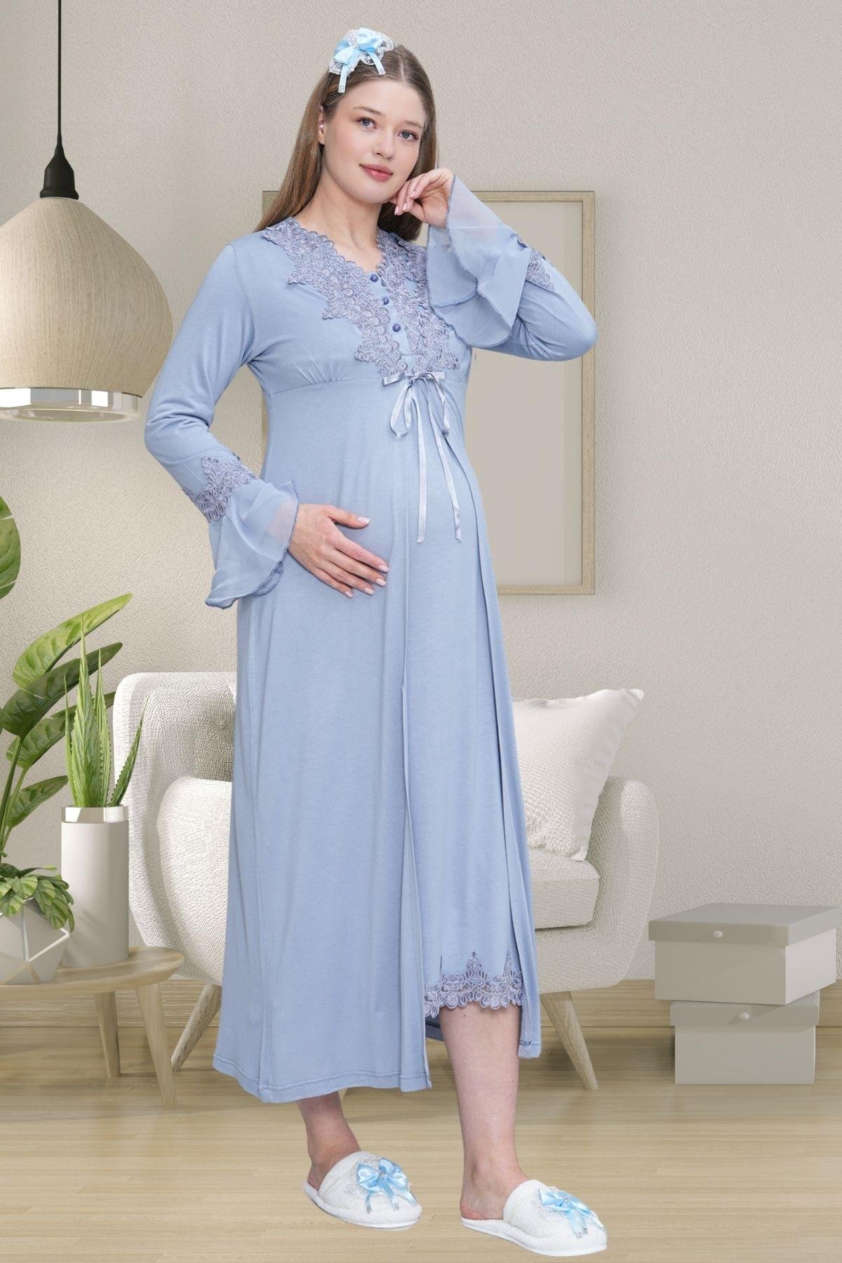 Mecit PijamaMecit 1518 Mavi Sabahlıklı Lohusa Gecelik Takım