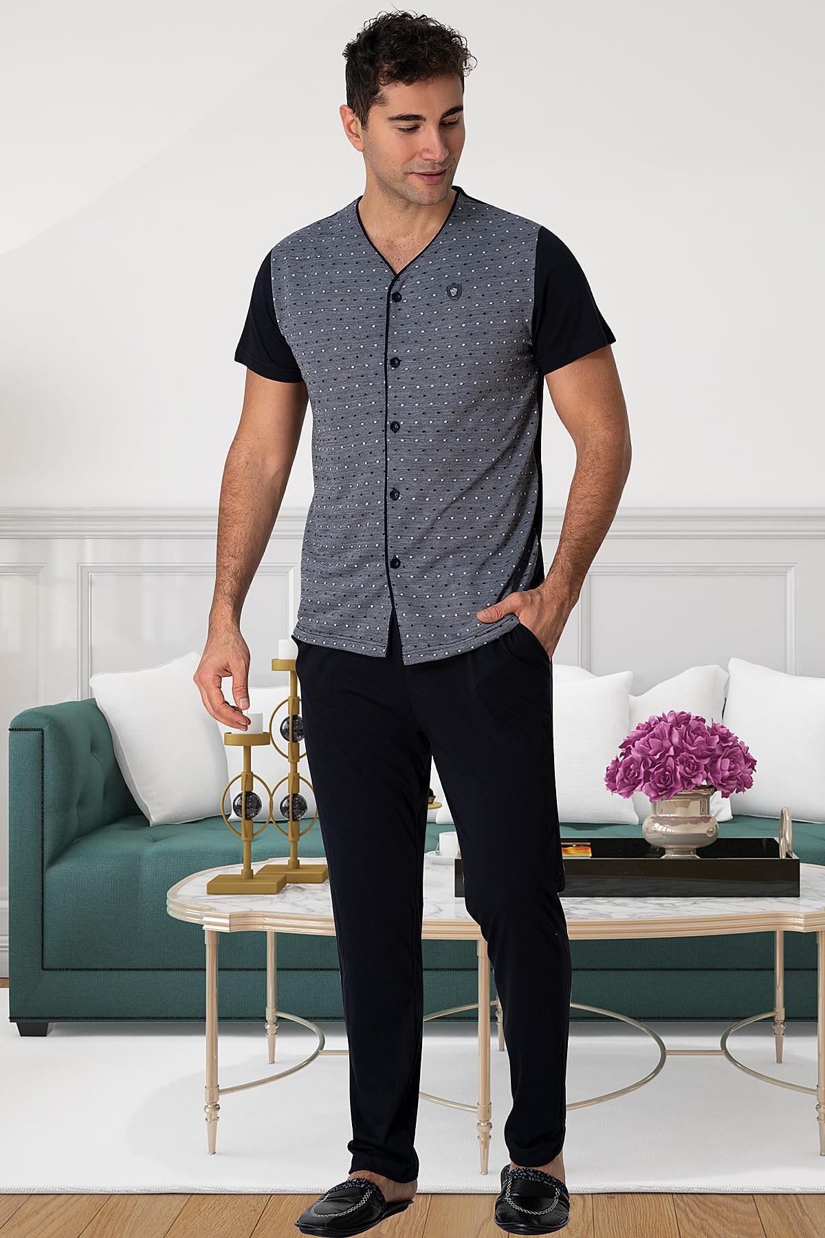 Mecit 2792 Gri Büyük Beden Boydan Düğmeli Erkek Pijama Takımı